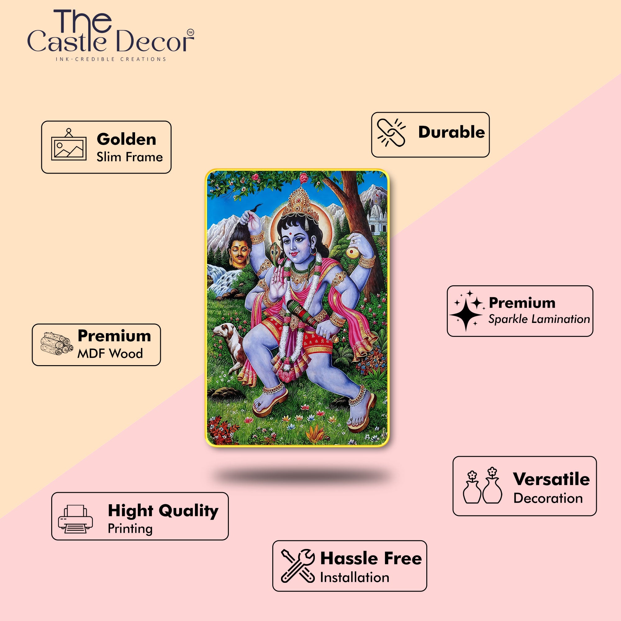 The Castle Decor Kal Bhairav Digital Print with Sparkler Lamination | Golden Slim Frame Wall Art for Home Temple & Office Décor | Hindu God Framed Artwork 20X30 Inches