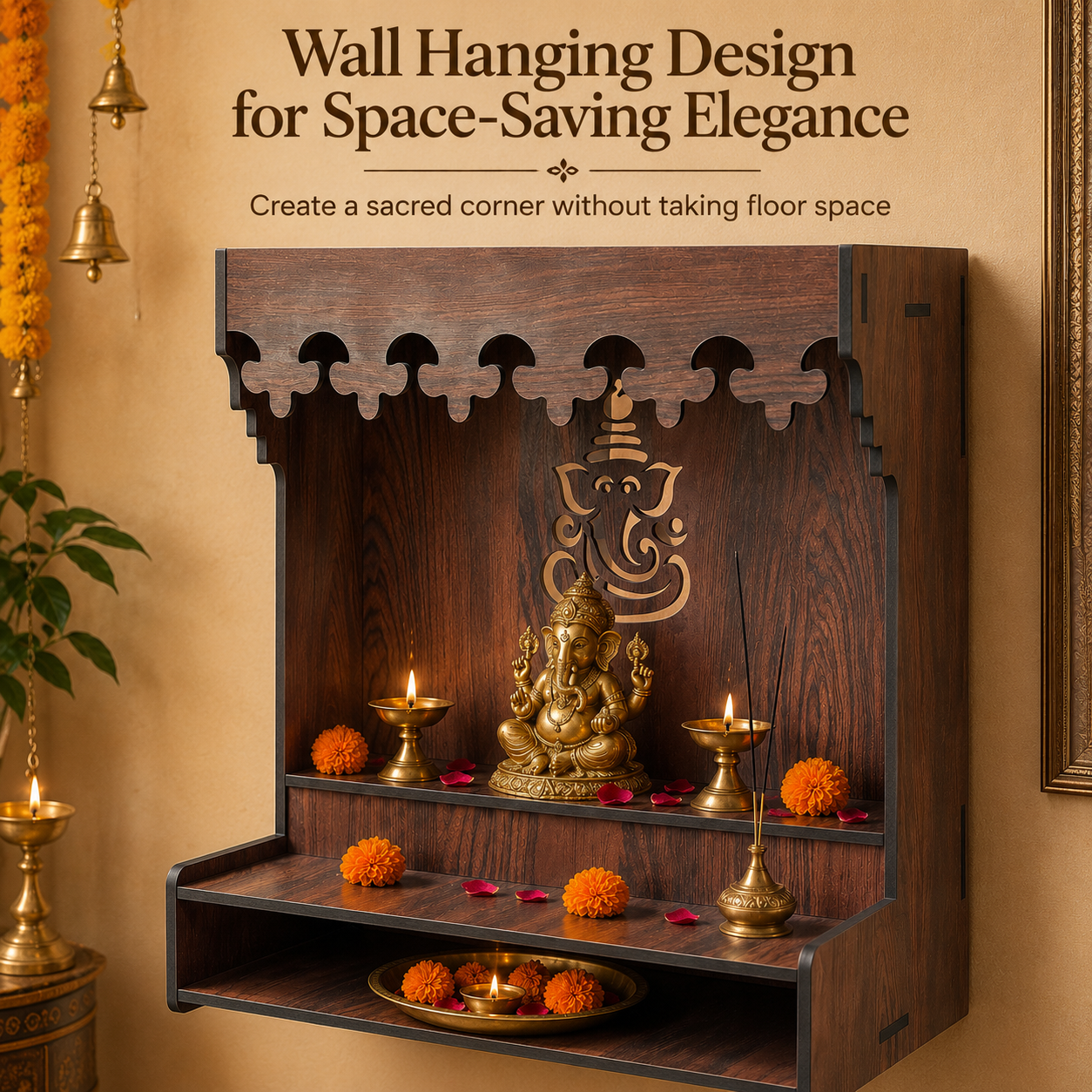 The Castle Decor Wooden Mandir for Home, Wall Hanging & Tabletop Pooja Temple with Ganesha Cutwork, 2-Tier Storage Shelf, Mandir for Pooja Room, Office, Hostel & Apartment, 13 x 15 x 8 Inch