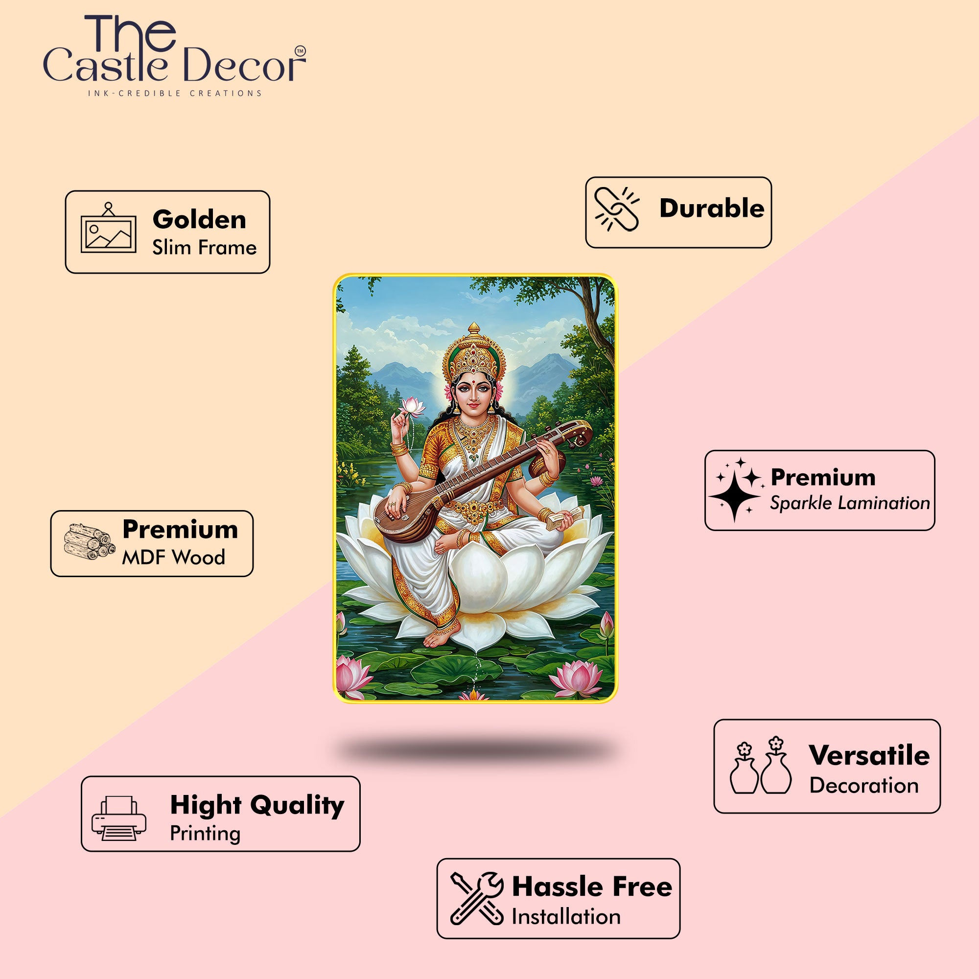 The Castle Decor Divine Saraswati Maa Wall Frame | Sparkle Laminated Digital Art with Golden Slim MDF Frame | Ideal for Gifting & Home Décor 20x30 Inches
