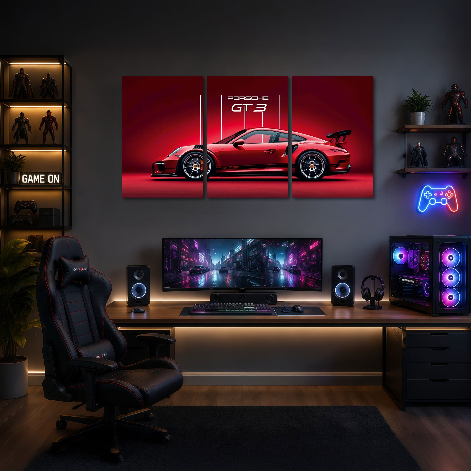 The Castle Decor Porsche GT3 Wall Art 3 Panel Painting Red Sports Car Poster Luxury Supercar Wall Decor for Bedroom Gaming Room Office Living Room