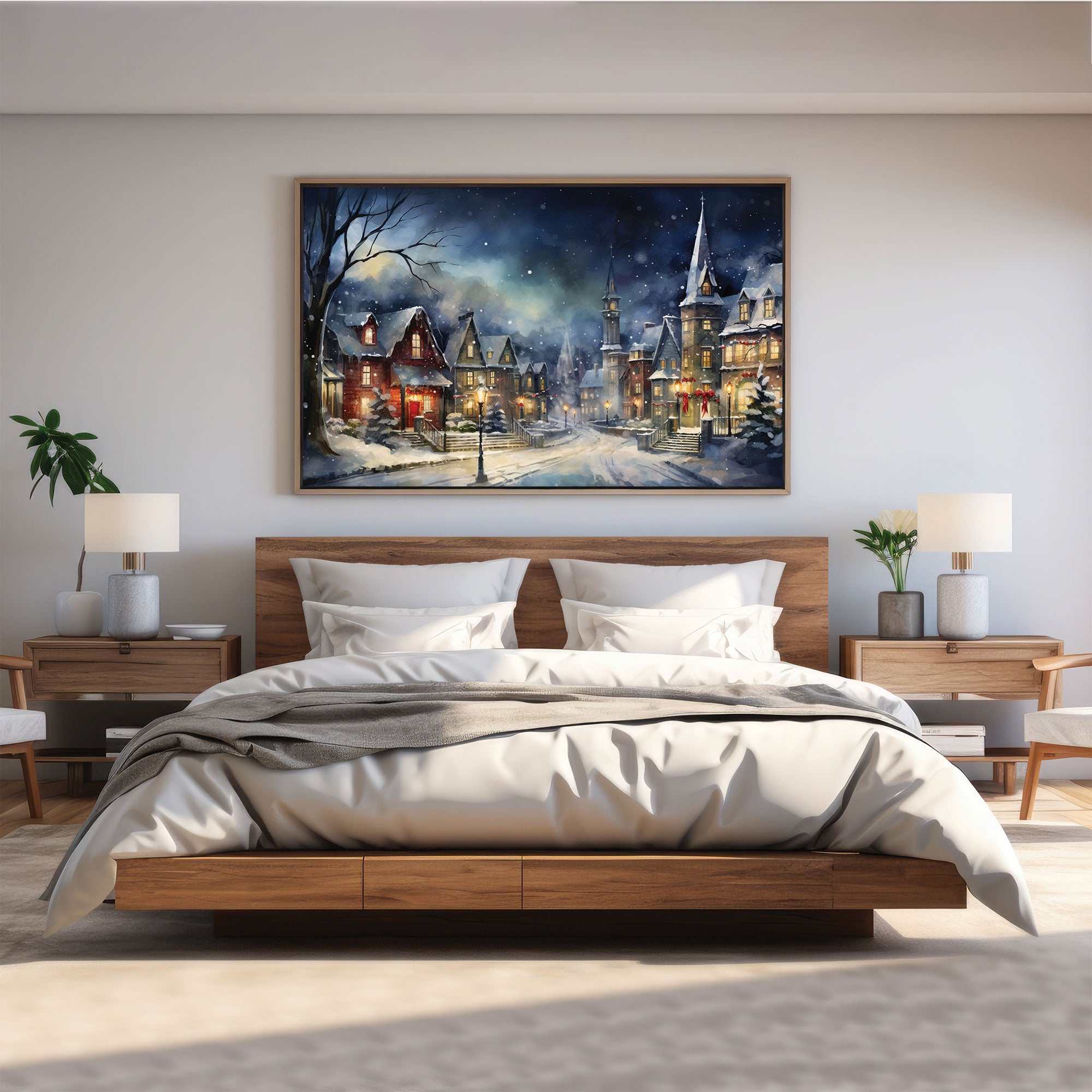 Vintage Christmas villlage Canvas painting with frame Big Size Wall Art for living room,Bedroom,Drawing room,Hotels