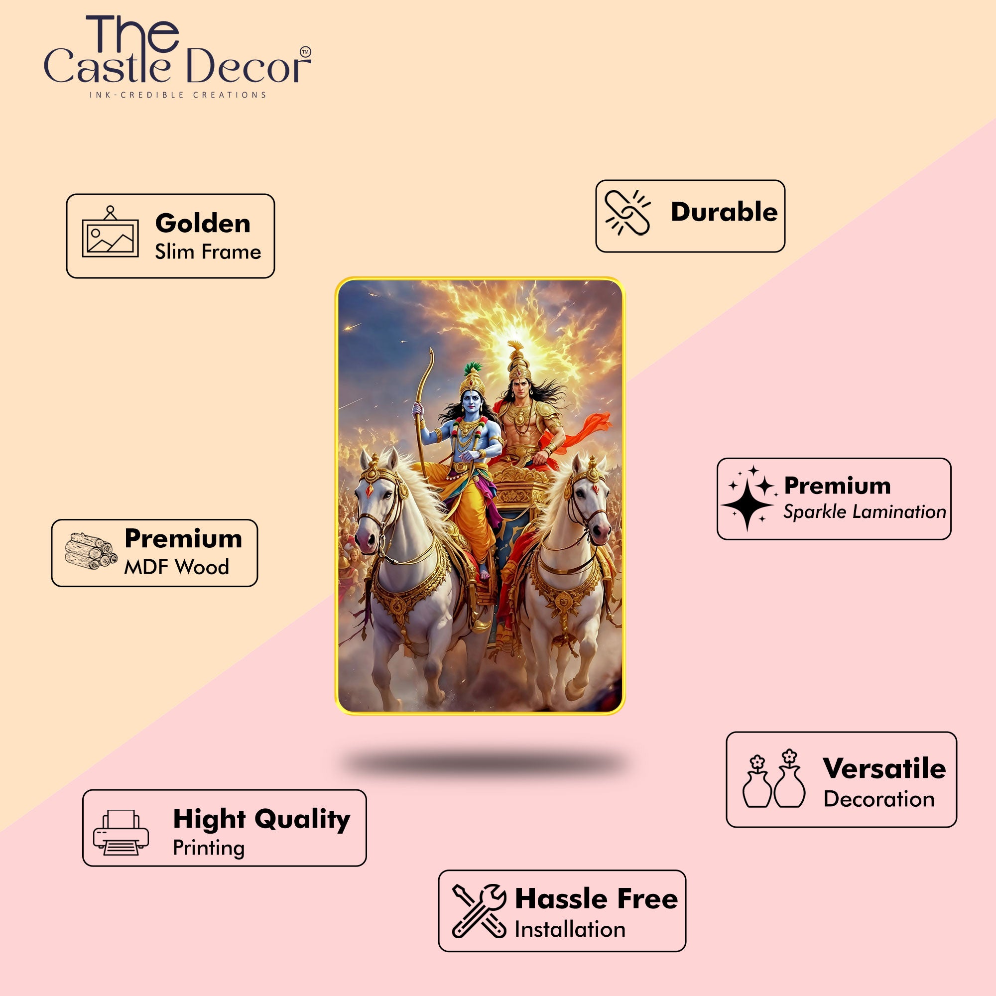 The Castle Decor Krishna Arjun Digital Wall Art | Sparkle Laminated Golden Slim Frame | Bhagavad Gita Inspired Spiritual Home Decor & Gift 20x30 Inches