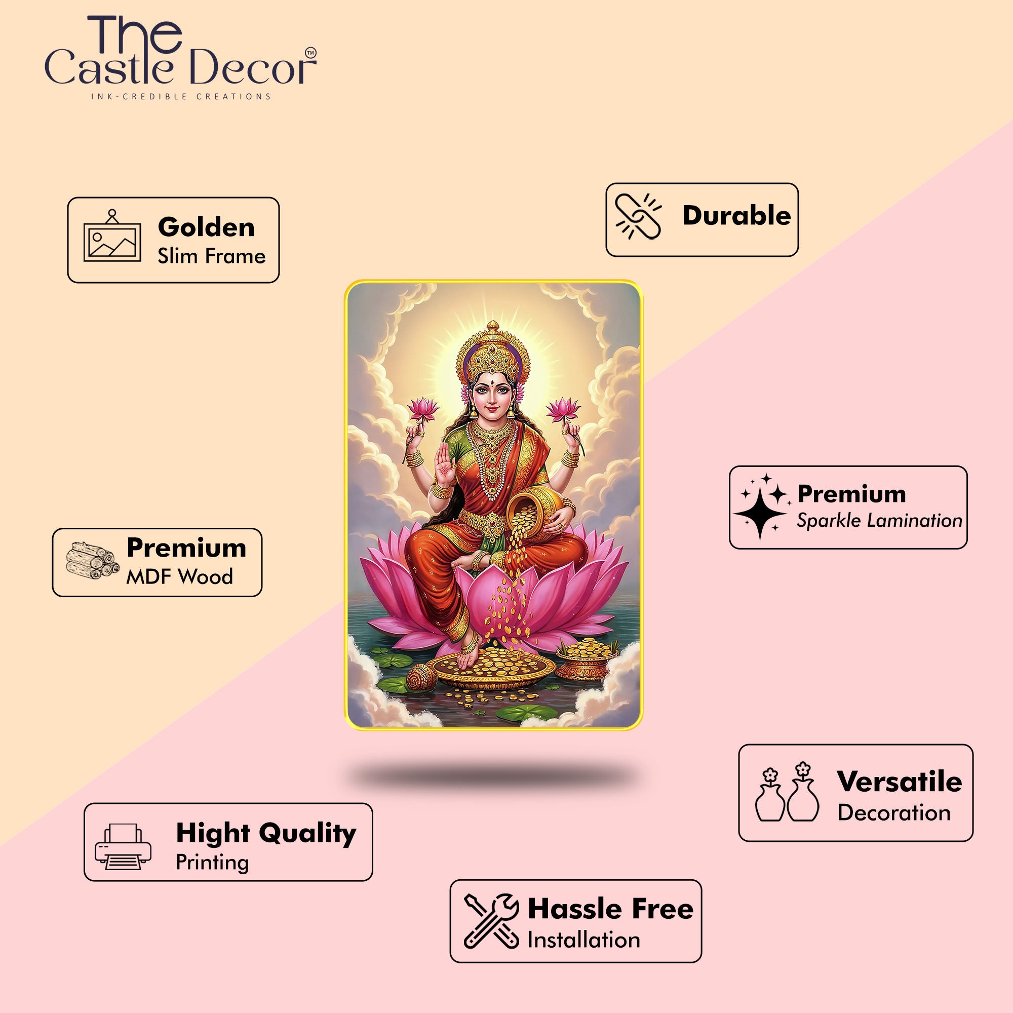 The Castle Decor Divine Lord Satyanarayan Sparkle Digital Print | Premium Golden Slim Frame | Sacred Hindu God Wall Decor for Home, Office & Temple 20X30 Inches