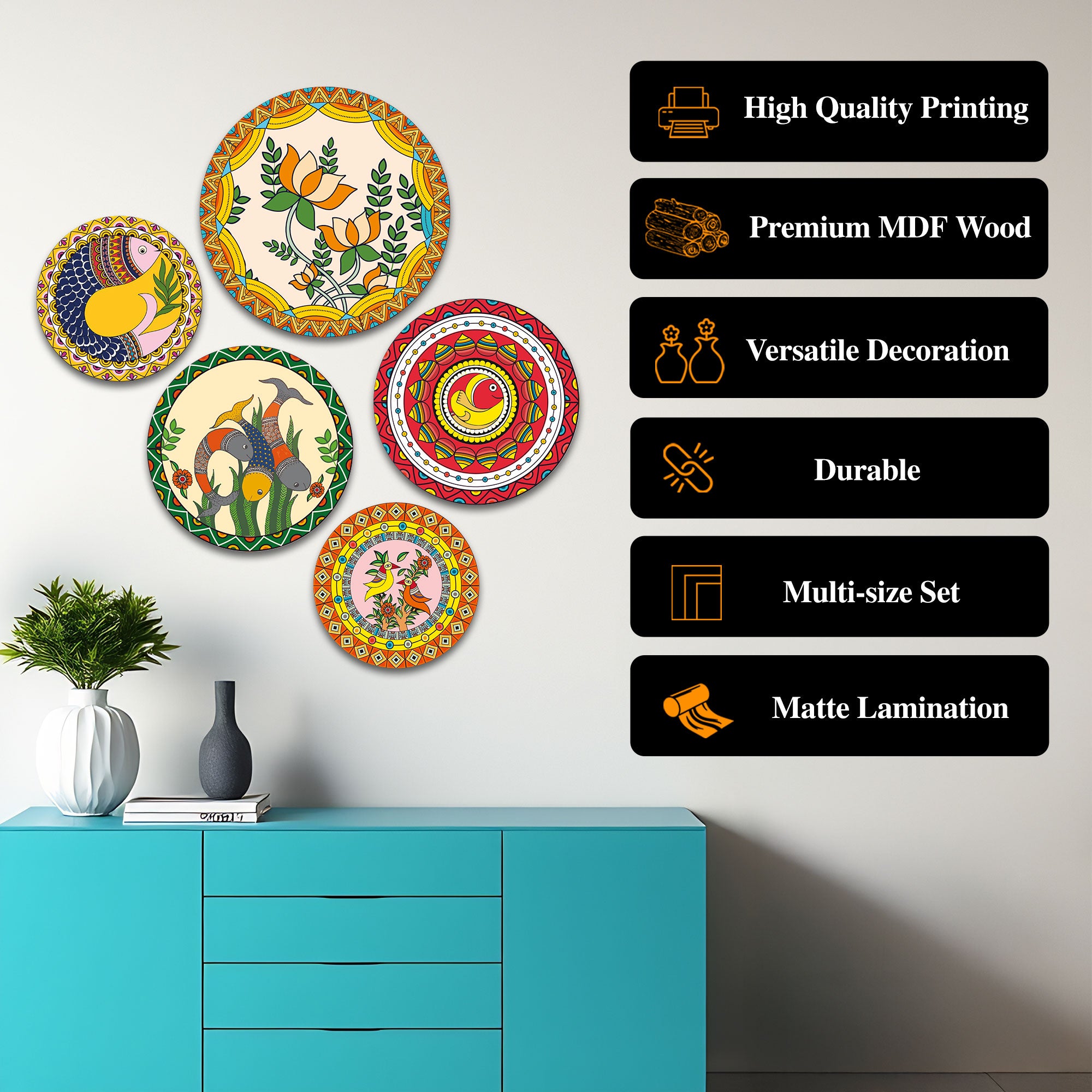 The Castle Decor Madhubani Wall Plates Set of 5- Traditional Indian Folk Art Decorative Plates for Living Room, Bedroom,Office,Home Decoration & Gift for All