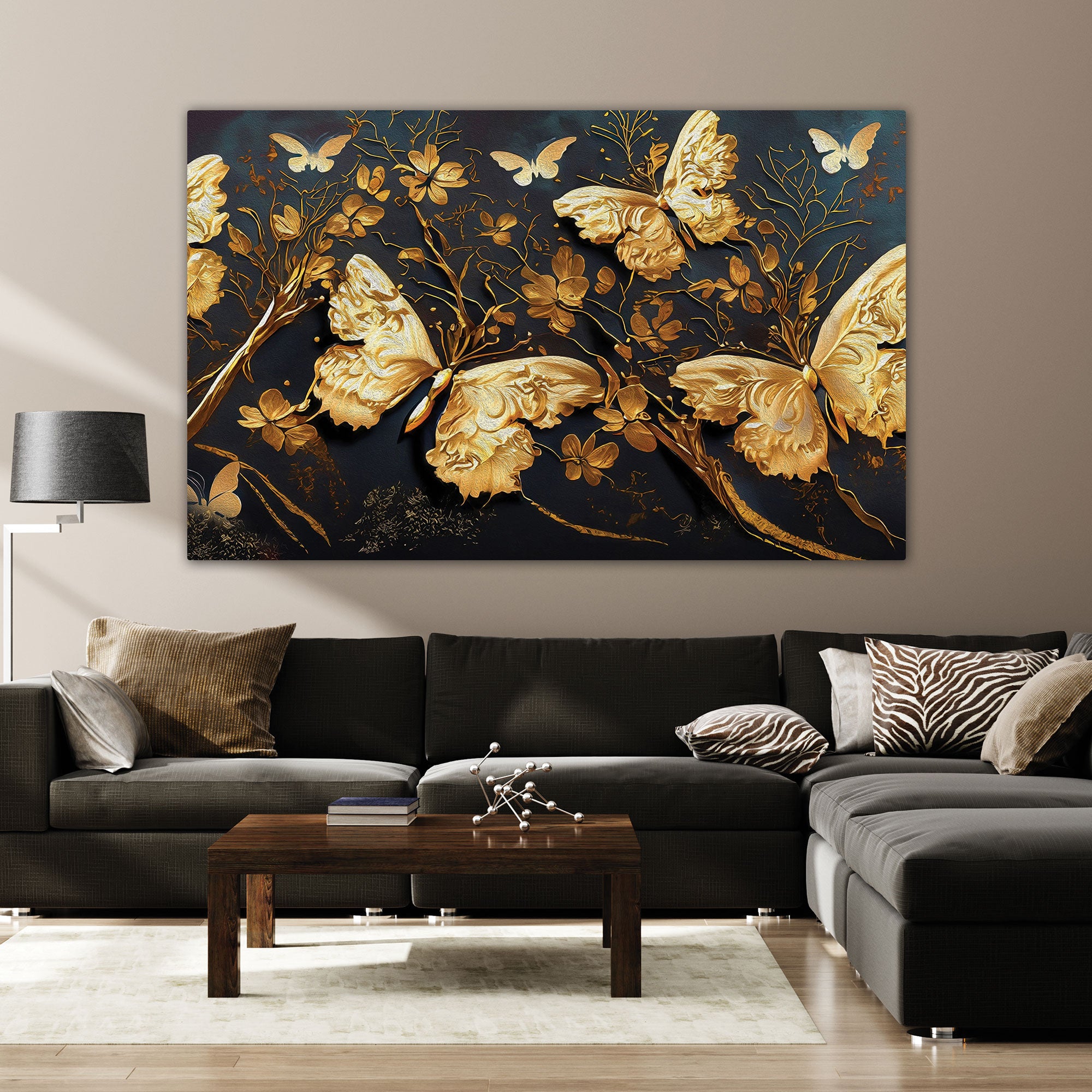 Golden butterflies Canvas painting with frame Big Size Wall Art for living room,Bedroom,Drawing room,Hotels