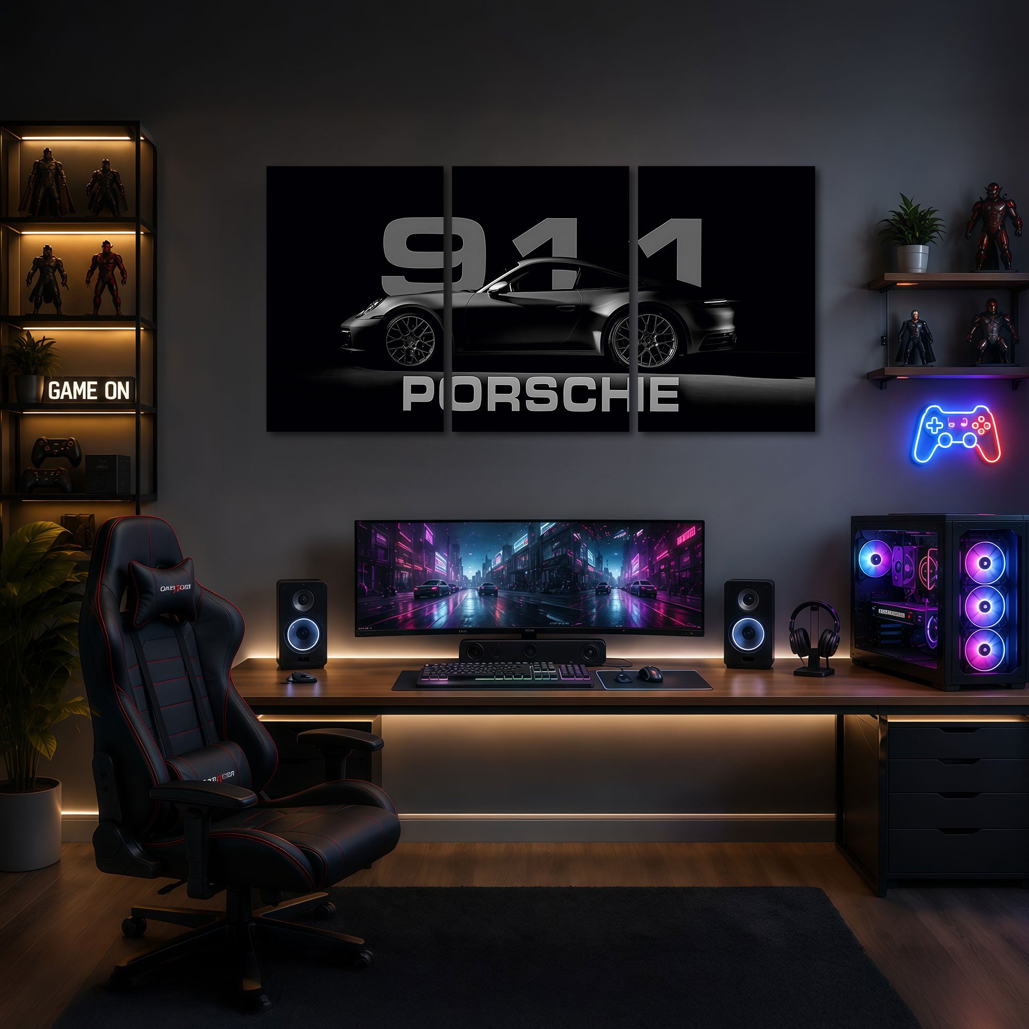 The Castle Decor Porsche 911 Wall Art 3 Panel Painting for Living Room Bedroom Gaming Room Luxury Sports Car Poster Modern Black Car Wall Decor Artwork