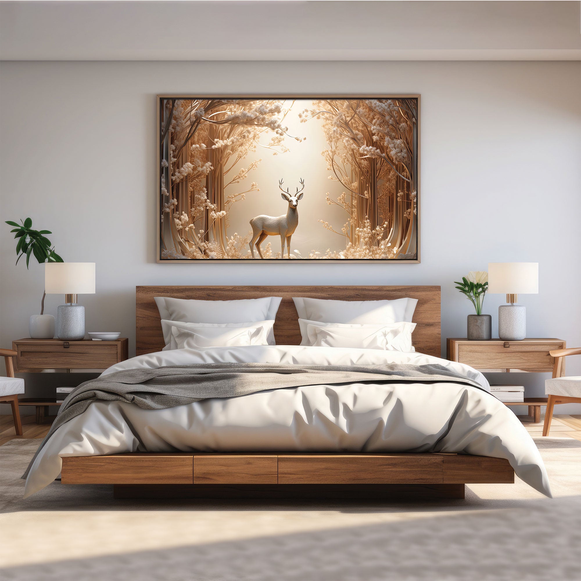 White Golden deer Canvas painting with frame Big Size Wall Art for living room,Bedroom,Drawing room,Hotels