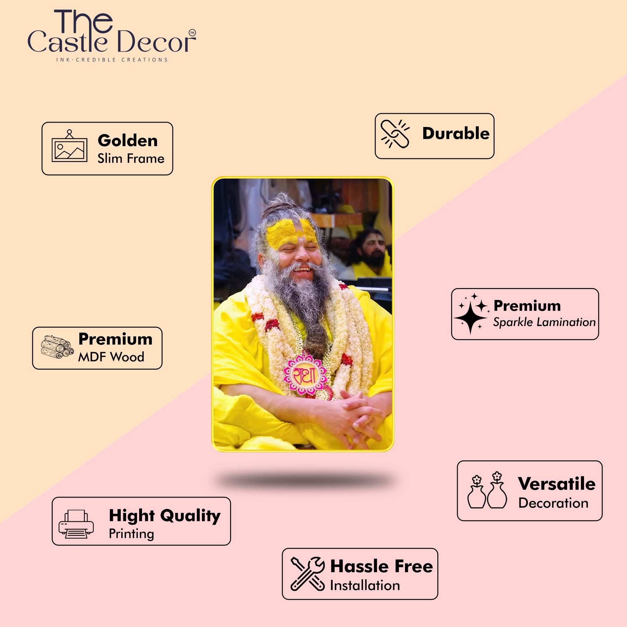 The Castle Decor Premanand Maharaj Ji Digital Print | Sparkle Laminated Photo Frame | Golden Slim Frame | Spiritual Wall Hanging for Home Temple, Living Room & Gifting 20X30 Inches