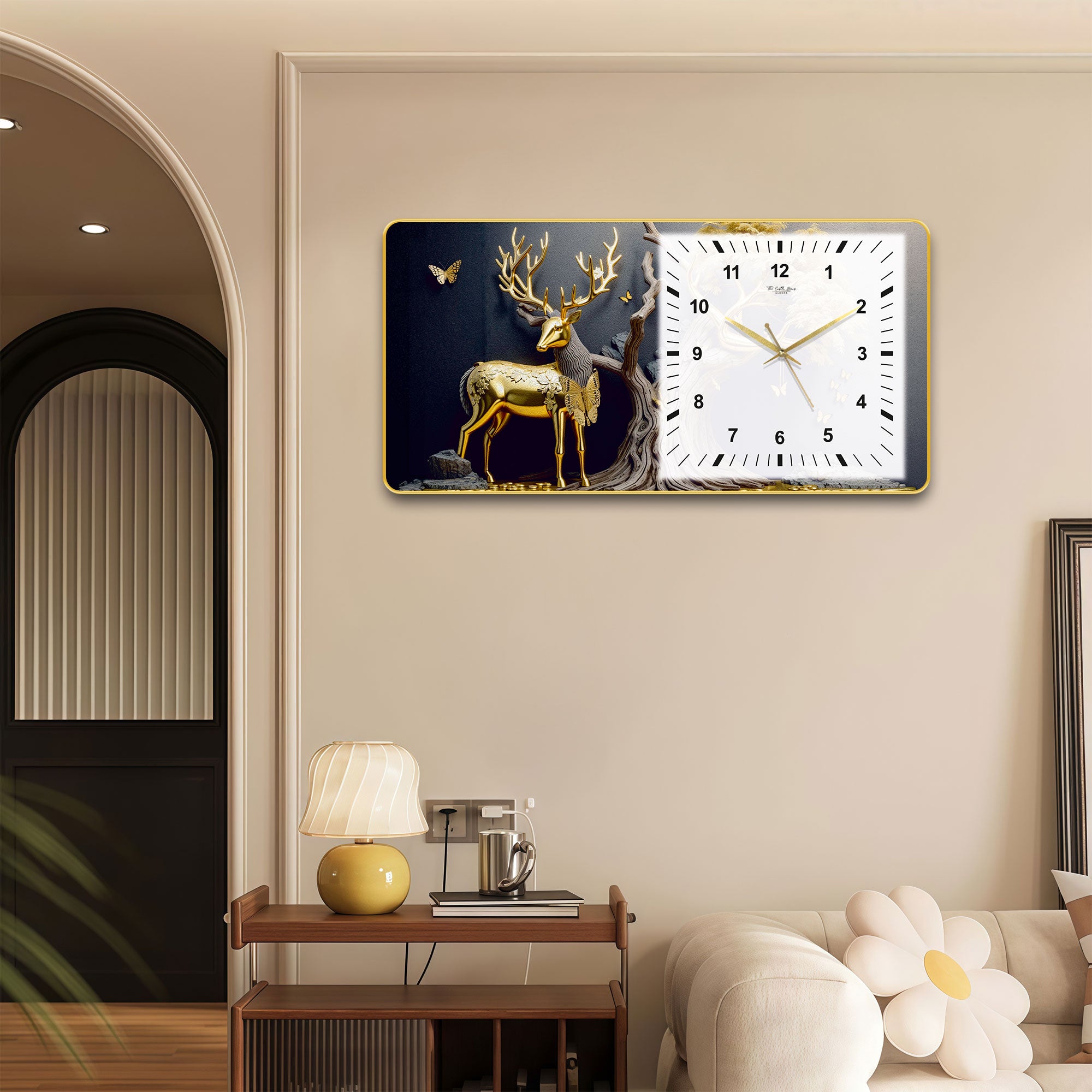 The Castle Decor Golden Deer Decorative Wall Clock 24x12 Inch, Silent Sweep Non-Ticking Modern Wall Clock with Golden Slim Frame