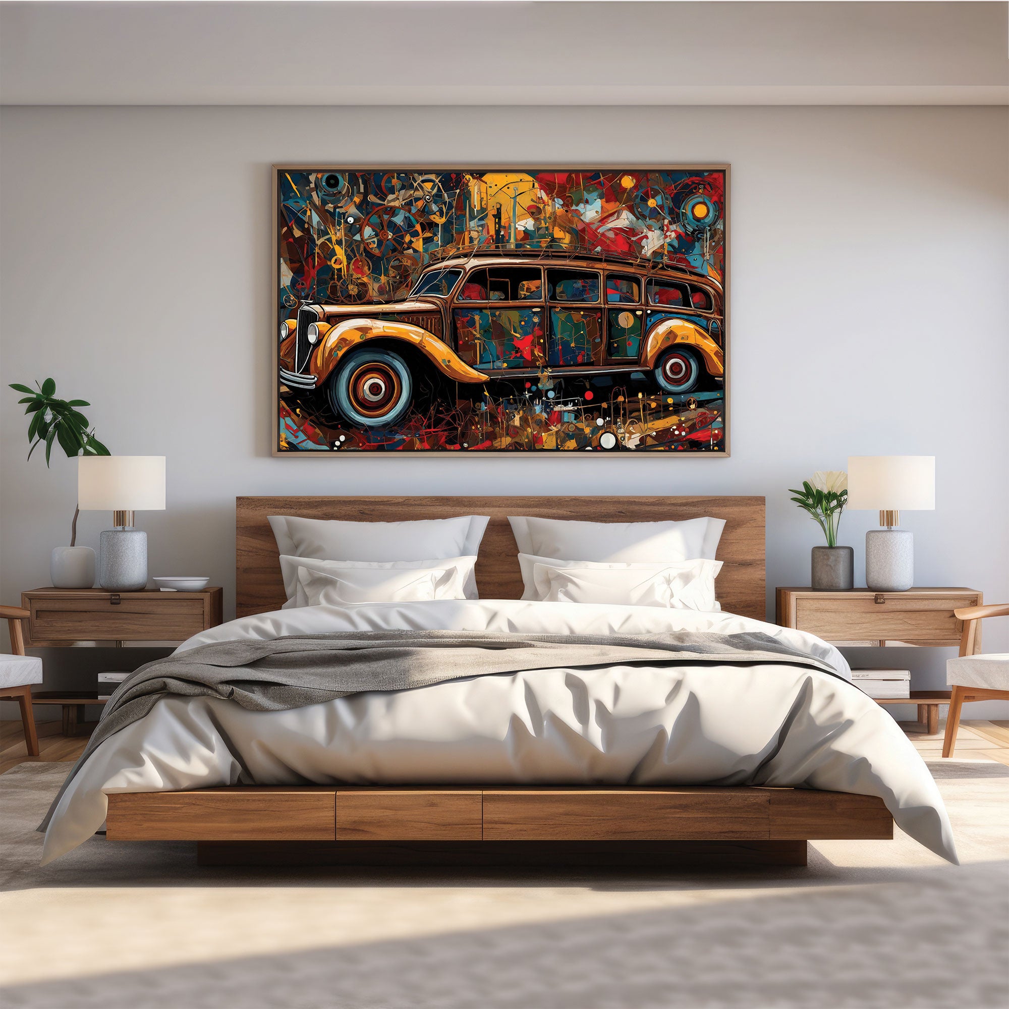 VintageAbstract car Canvas painting with frame Big Size Wall Art for living room,Bedroom,Drawing room,Hotels