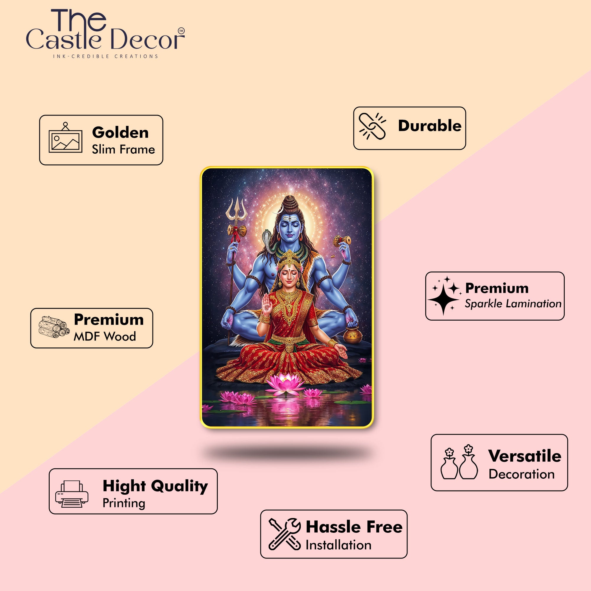 The Castle Decor Shiv Parvati Spiritual Wall Hanging | Sparkle Laminated Digital Artwork with Golden Slim Frame | Ideal for Gifting & Décor 20X30 Inches