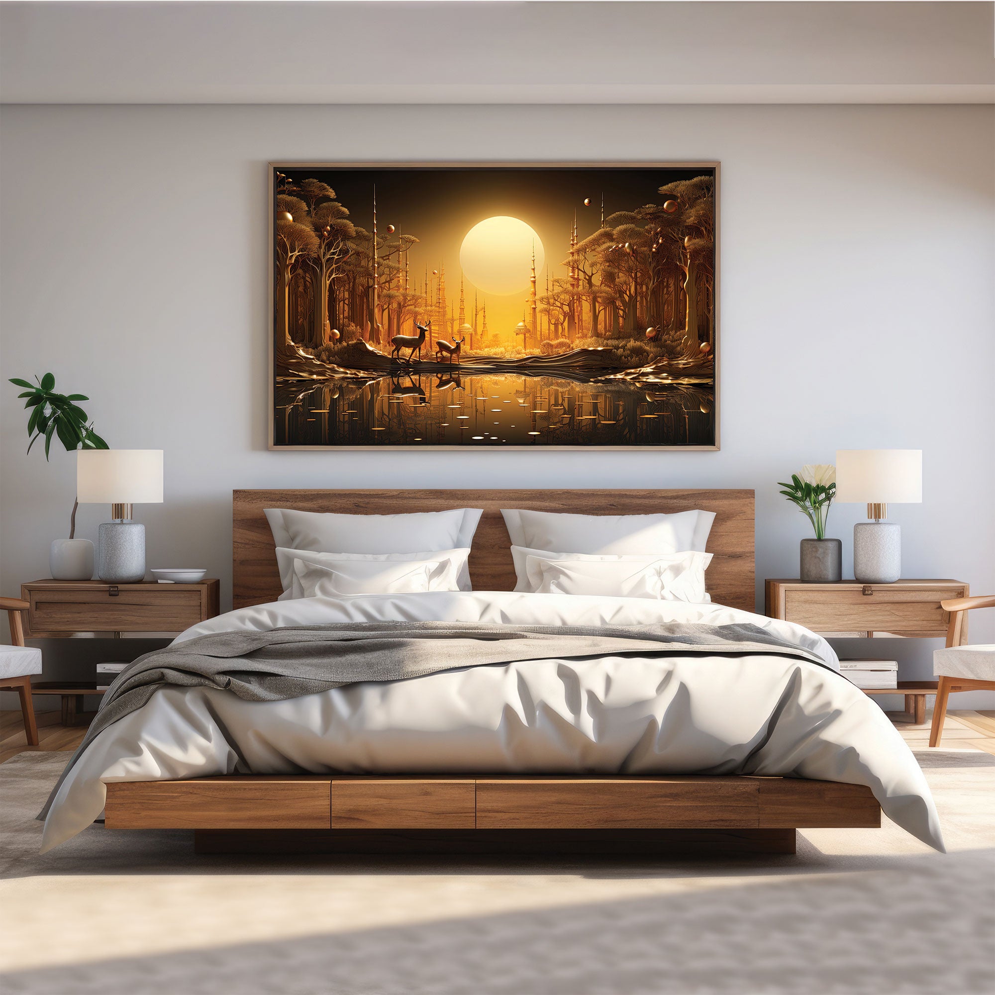 Golden deer Canvas painting with frame Big Size Wall Art for living room,Bedroom,Drawing room,Hotels
