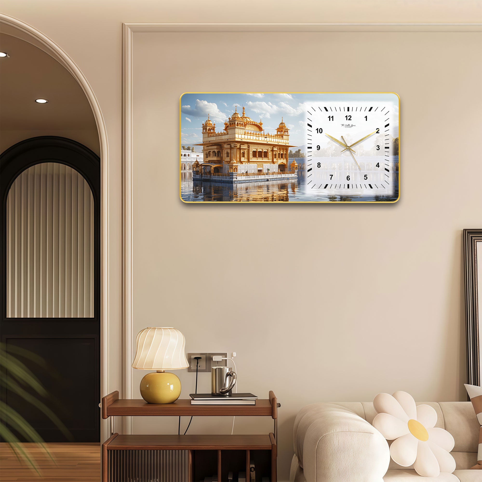 The Castle Decor Golden Temple Wall Clock 24x12 Inch, Silent Sweep Non-Ticking Decorative Clock with Golden Slim Frame