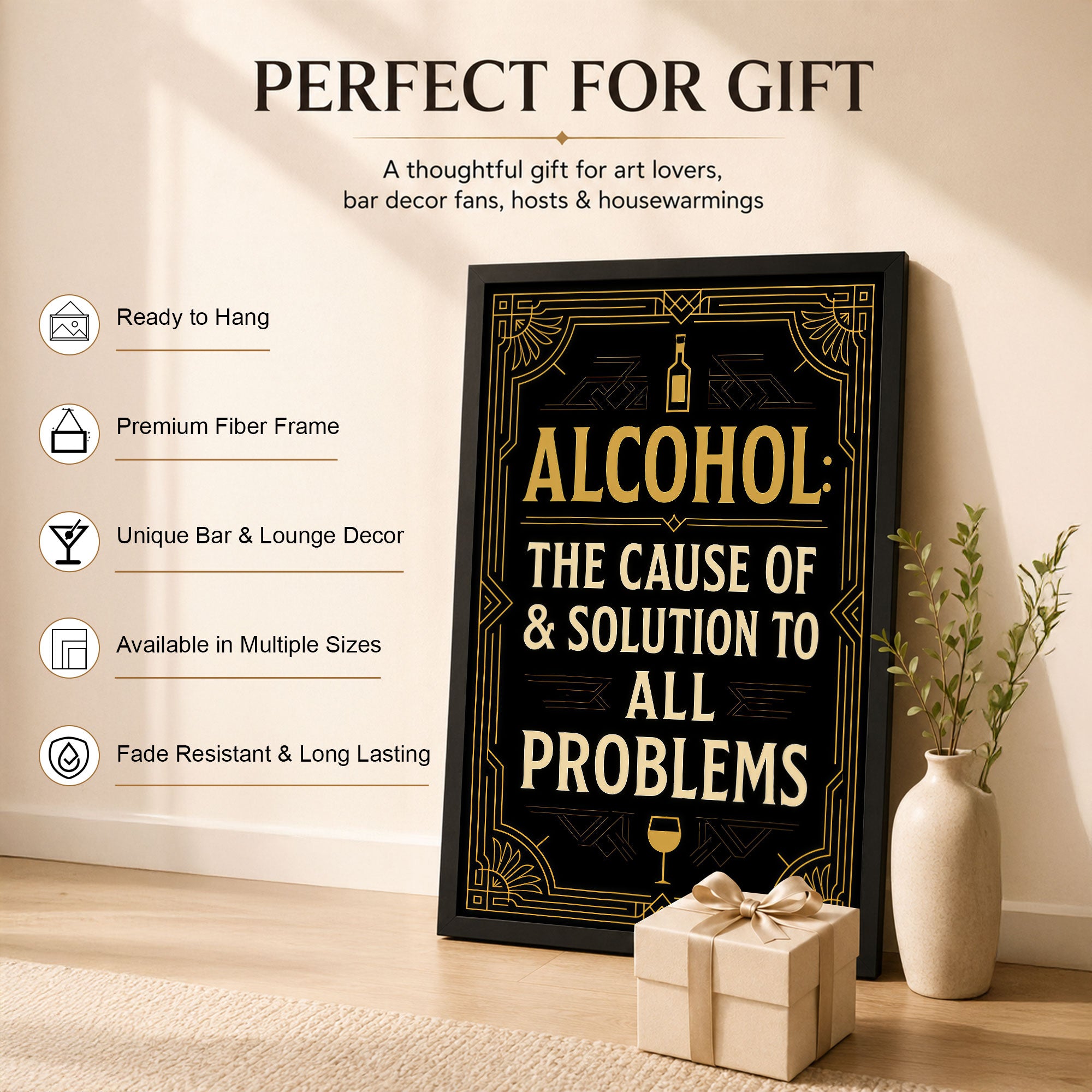 The Castle Decor Alcohol Quote Wall Poster – The Cause of & Solution to All Problems | Vintage Black Gold Bar Decor for Lounge & Pub
