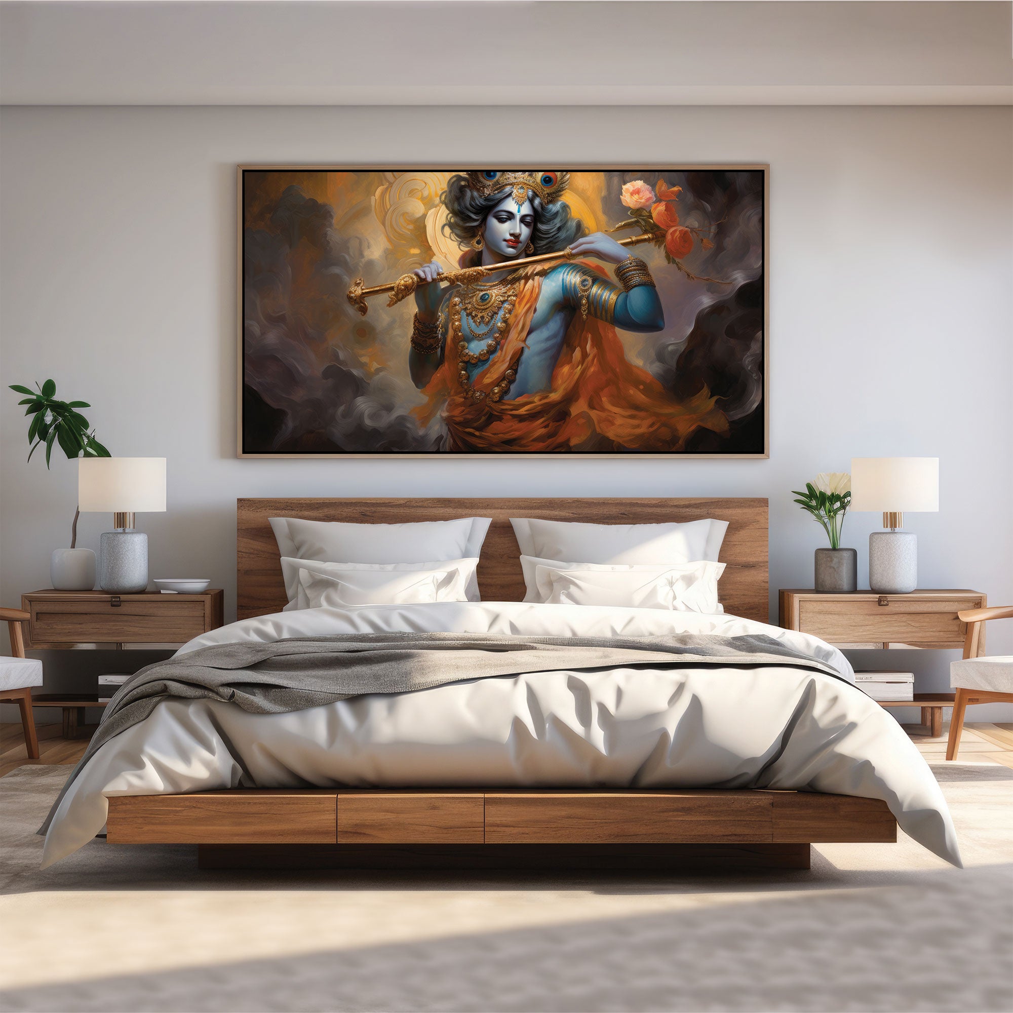 Beautiful krishna Canvas painting with frame Big Size Wall Art for living room,Bedroom,Drawing room,Hotels
