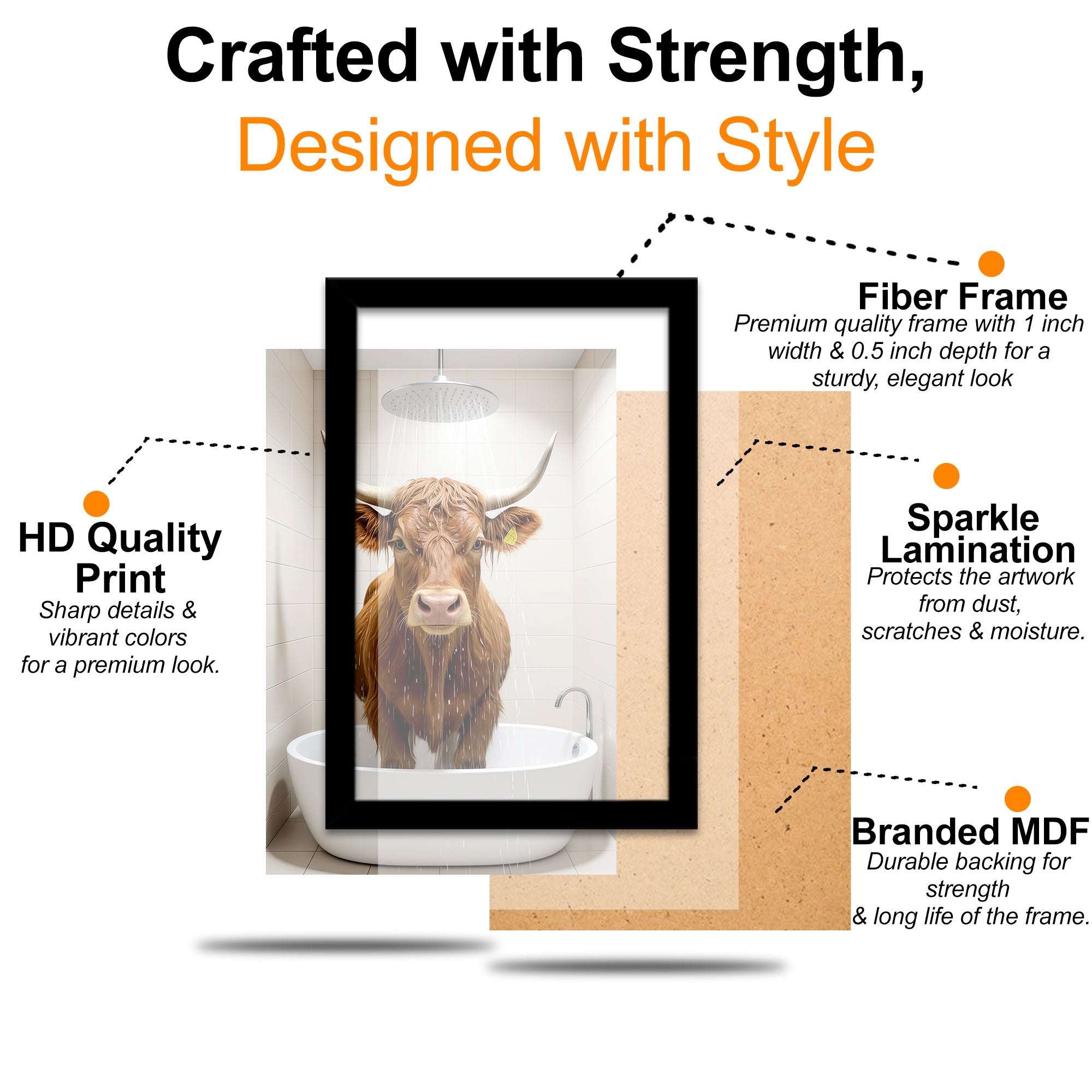 The Castle Decor Funny Highland Cow taking a Shower Framed Wall Art – Cute Fluffy Bull in Bathtub under Shower Head Framed Poster, Rustic Farmhouse Bathroom Decor