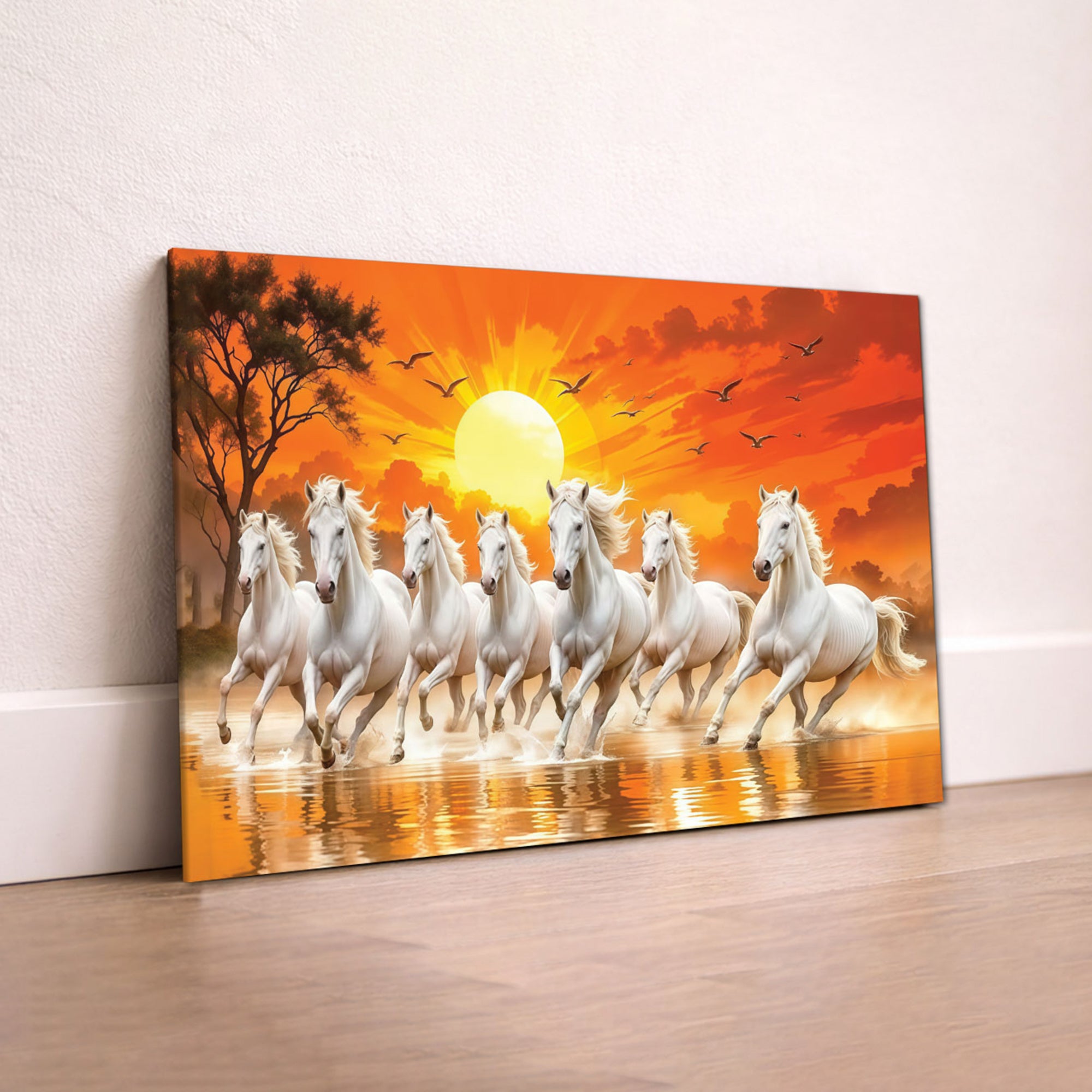 The Castle Decor 7 Running White Horses Wall Painting, Sunrise Sunset Theme, Vastu Wall Art for Living Room, Office, Bedroom Decor 16x24 1001