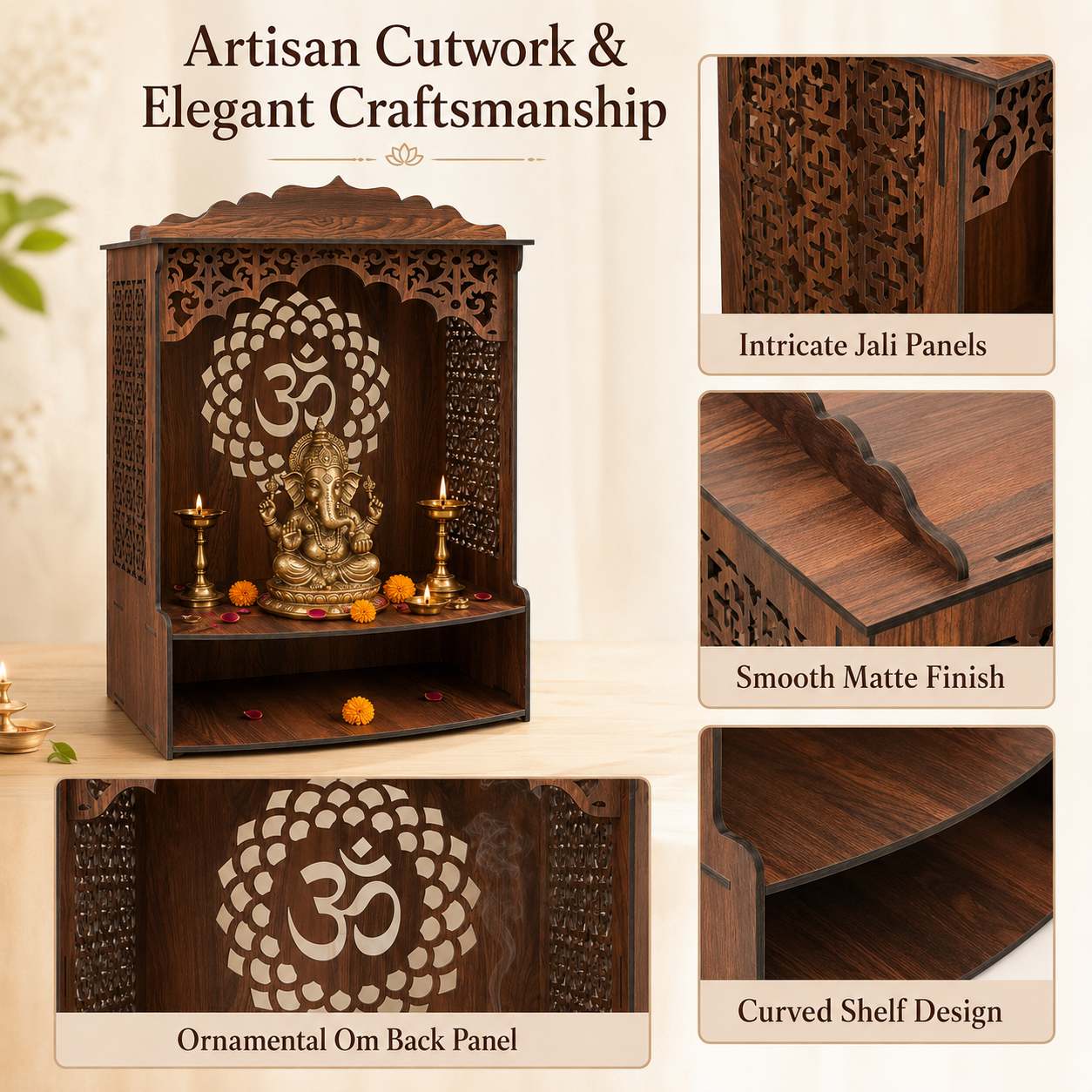 The Castle Decor Wooden Mandir for Home, Wall Hanging & Tabletop Pooja Temple with Om Cutwork Back Panel, Open Storage Shelf, Mandir for Pooja Room, Office, Hostel & Apartment, 16.5 x 24.5 x 10.5 Inch