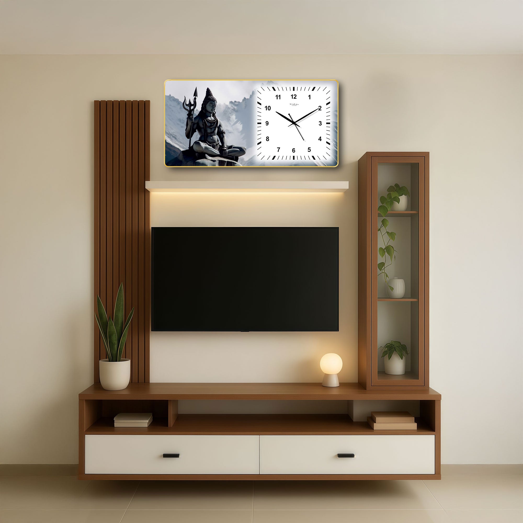 The Castle Decor Lord Shiva Meditation Decorative Wall Clock 24x12 Inch, Silent Sweep Non-Ticking Modern Wall Clock with Golden Slim Frame