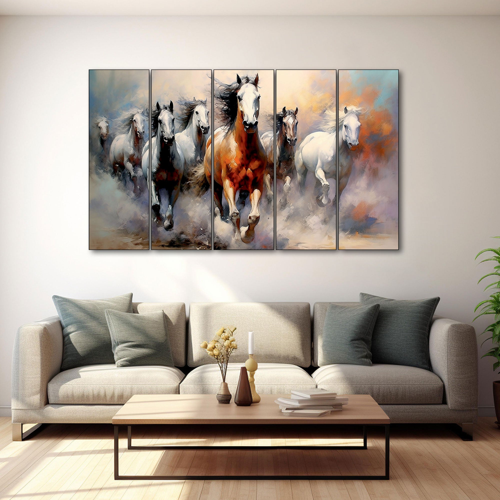 7 Vaastu Running Horses Painting with frame Big Size Wall Art for living room,Bedroom,Drawing room,Hotels