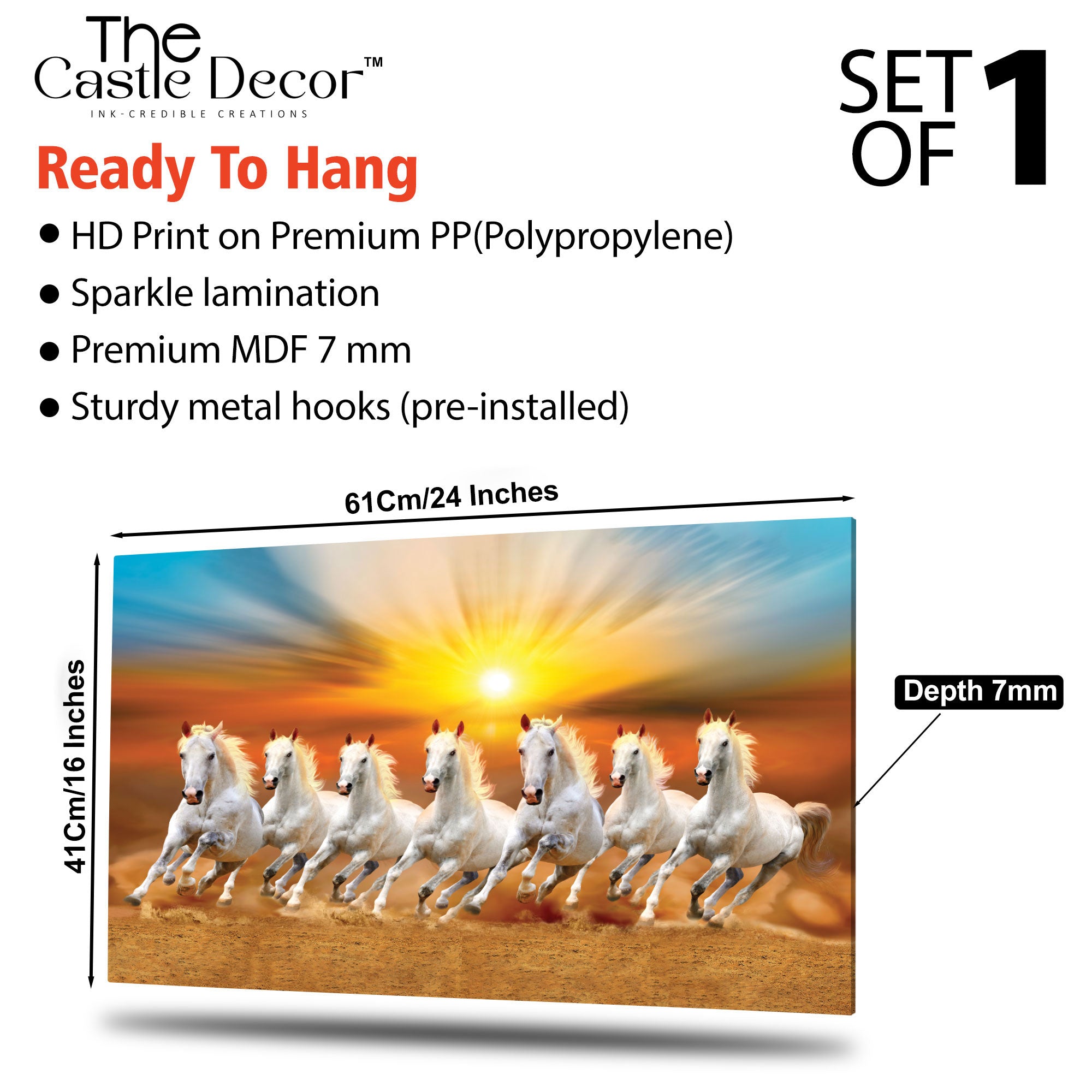 The Castle Decor 7 Running White Horses Wall Painting, Sunrise Sunset Theme, Vastu Wall Art for Living Room, Office, Bedroom Decor 16x24 1005