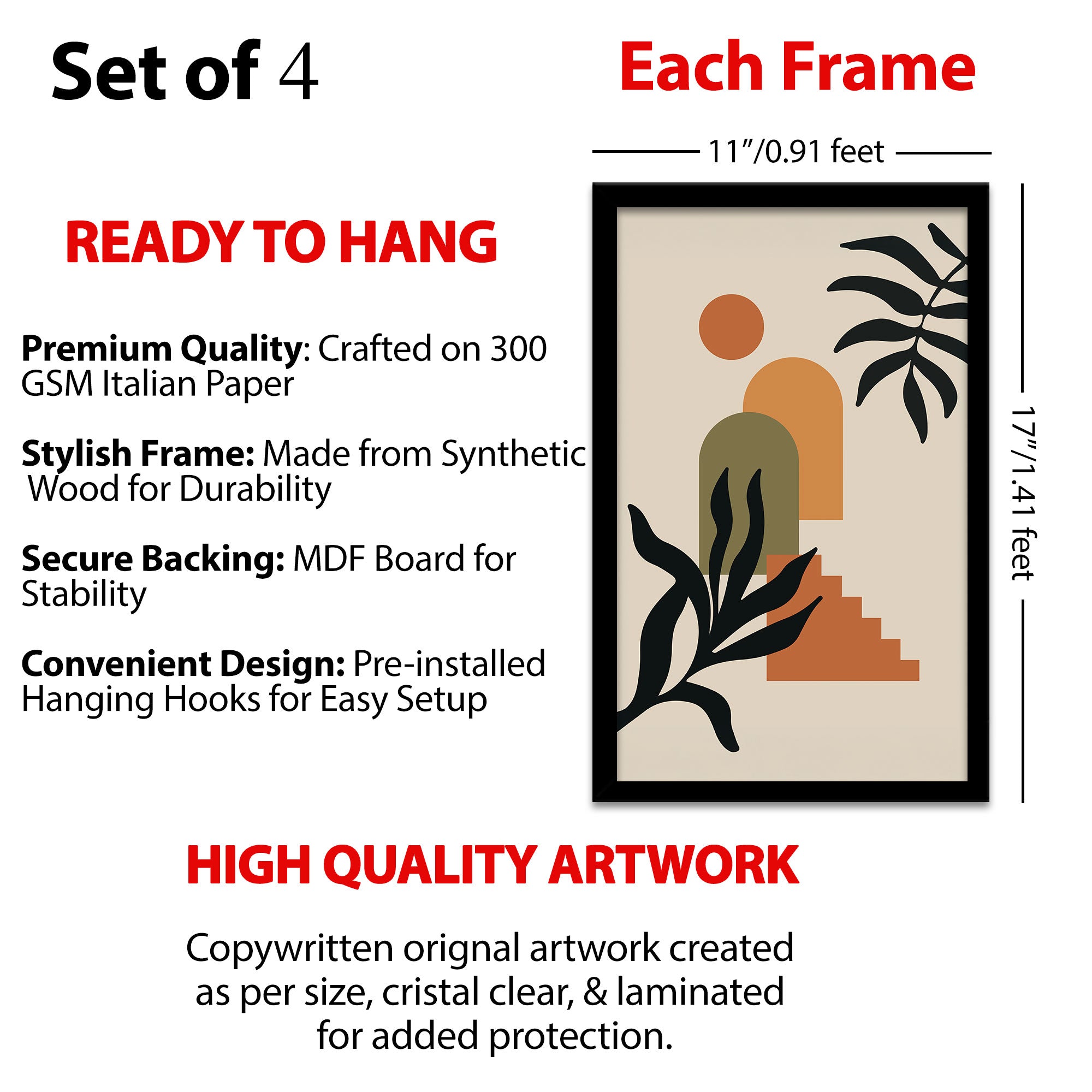 The Castle Decor Boho Wall Art for Living Room Big Size | Framed Abstract Botanical Paintings for Living Room & Bedroom | Modern Home Decoration & Perfect Gifting Option | Set of 4 (11×17 Inch Each)5