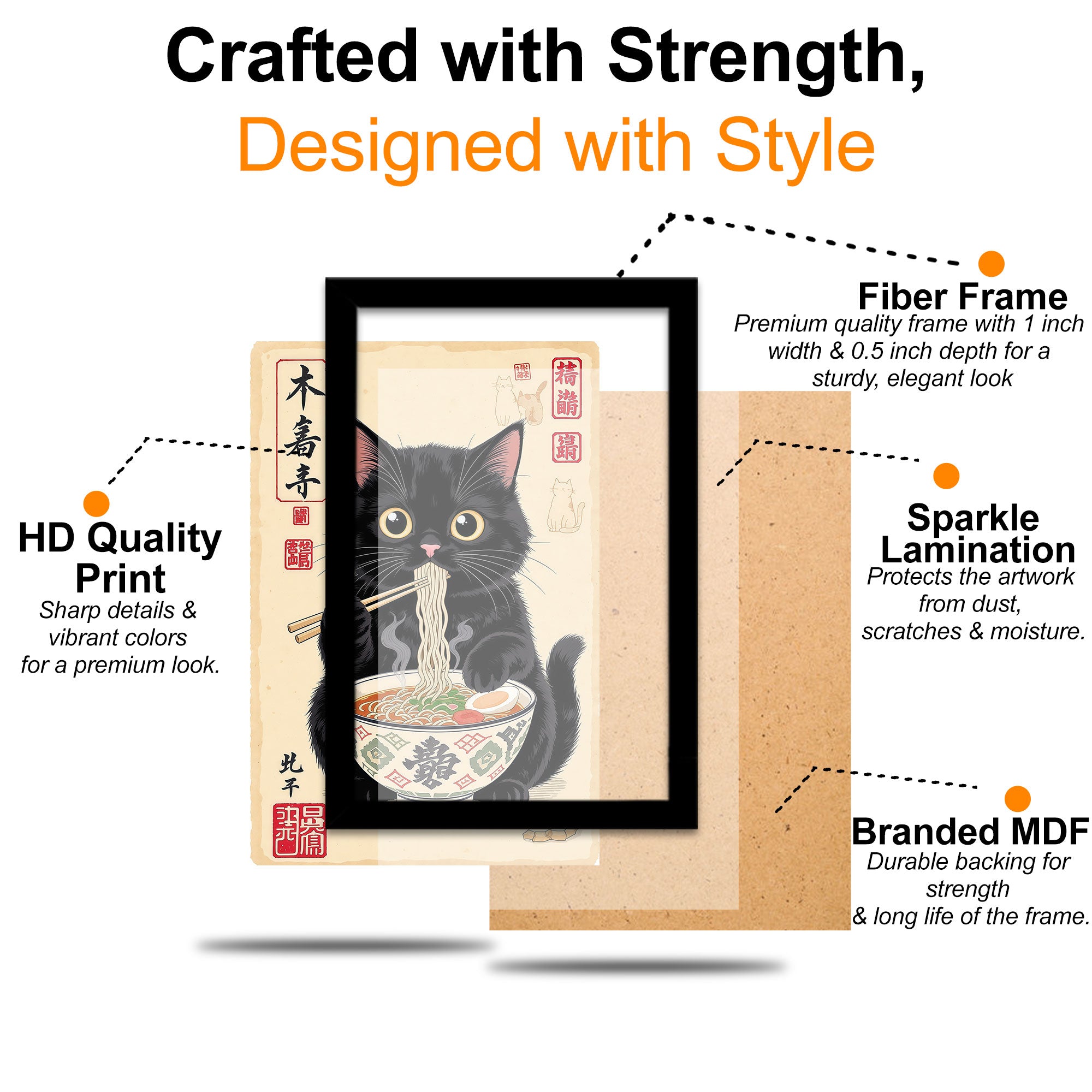 The Castle Decor Cute Cat Eating Ramen Wall Art Frame | Japanese Kitchen Decor | Sparkle Finish Painting with Premium Fiber Frame for Home, Café & Dining