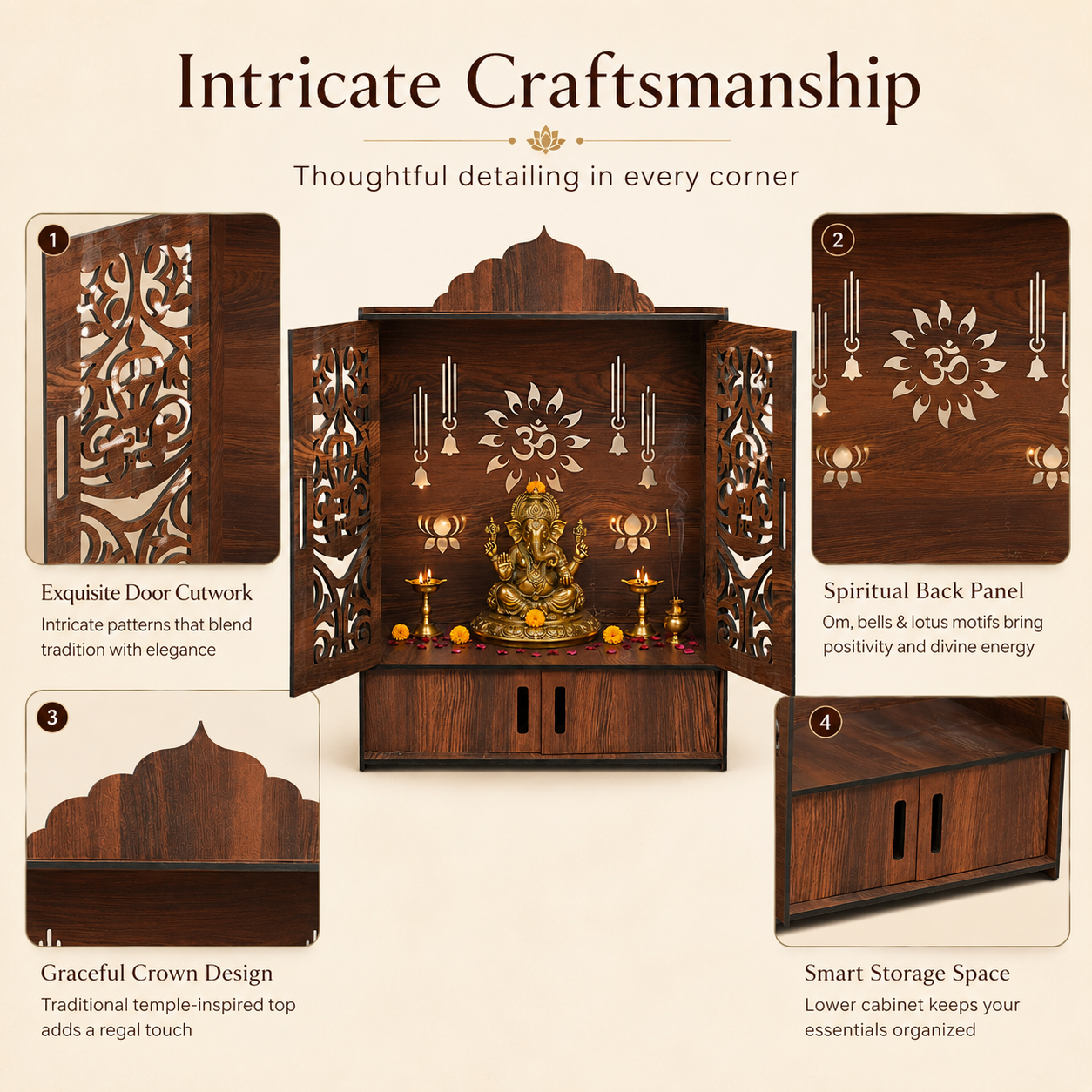 The Castle Decor Wooden Mandir for Home, Wall Hanging & Tabletop Pooja Temple with Double Doors, Om & Lotus Cutwork, Storage Cabinet, Dark Walnut MDF for Pooja Room, 16.5 x 24.5 x 10.5 Inch