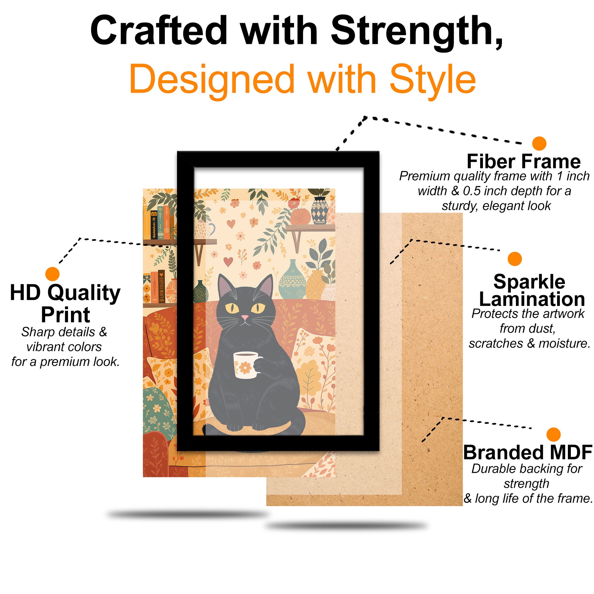 The Castle Decor Cute Black Cat Coffee Wall Art Frame | Cozy Kitchen & Dining Decor | Sparkle Finish MDF Painting with Premium Fiber Frame for Home