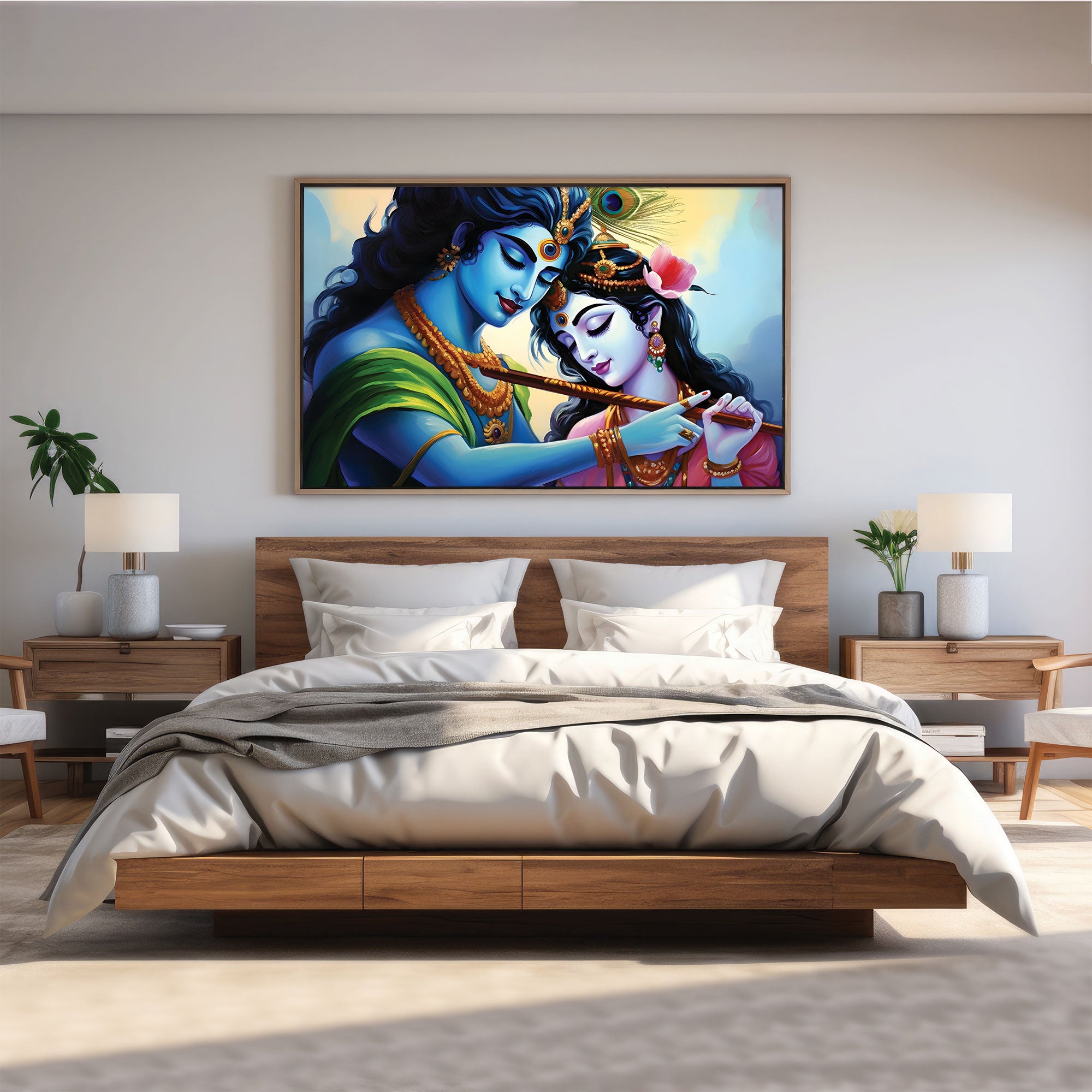 The Castle Decor radha krishna flute canvas/Sparkle painting with frame Big Size Wall Art for living room,Bedroom,Drawing room,Hotels-Wooden Framed-Digital Painting