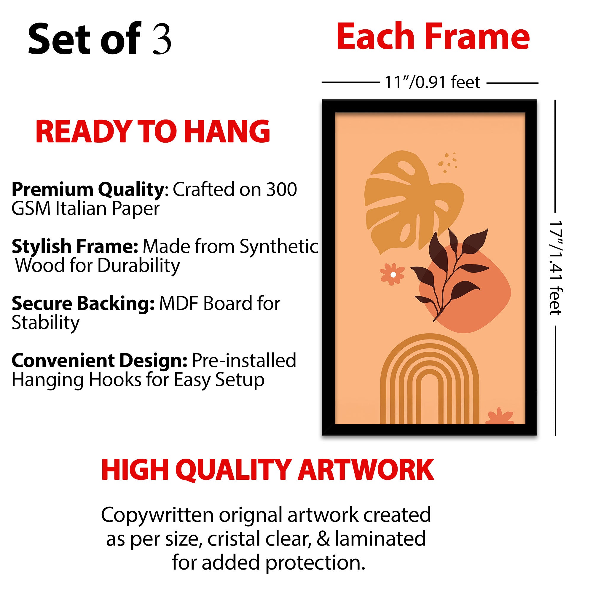 The Castle Decor Boho Wall Art for Living Room Big Size | Framed Abstract Botanical Paintings for Living Room & Bedroom | Modern Home Decoration & Perfect Gifting Option | Set of 3 (11×17 Inch Each) 12
