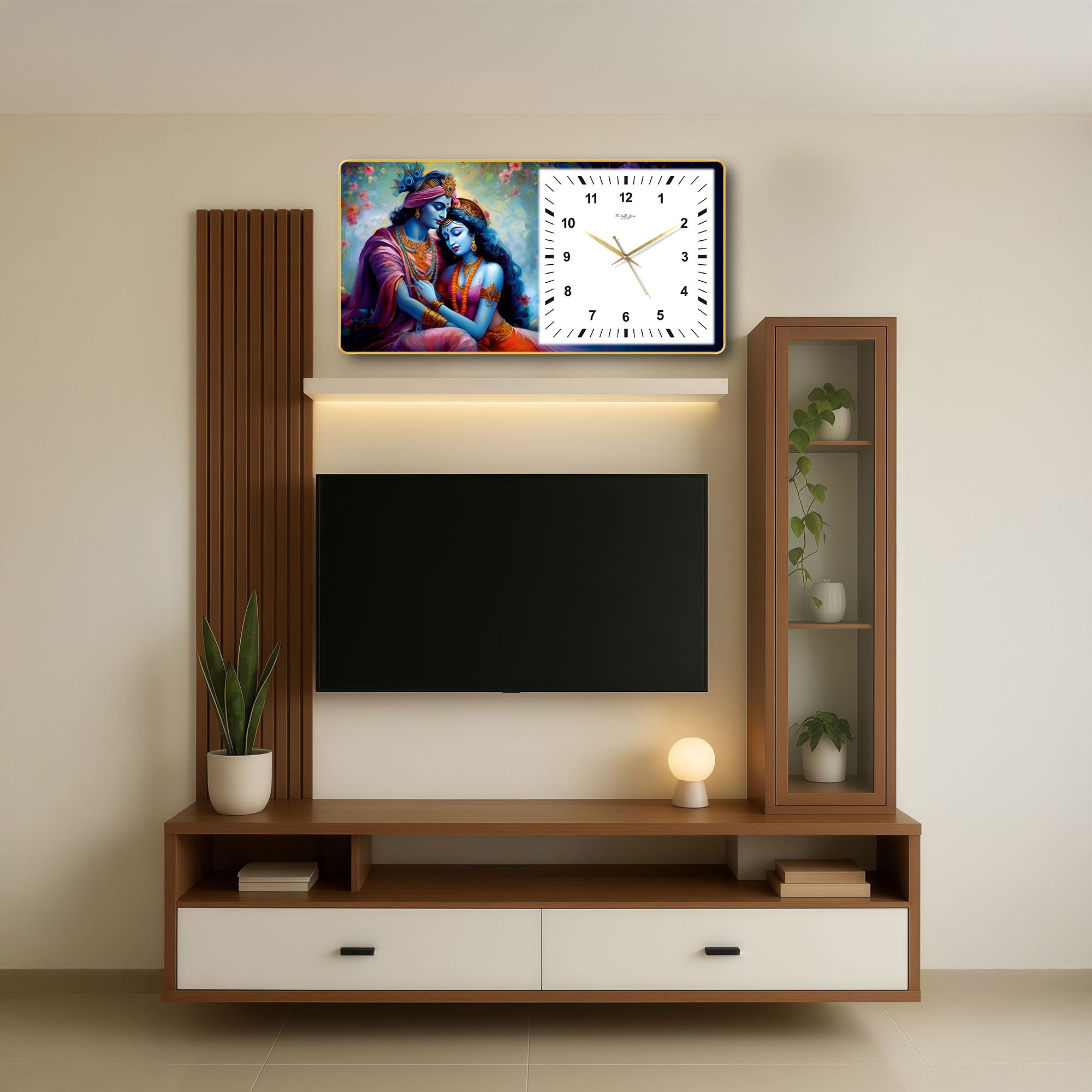 The Castle Decor Radha Krishna Decorative Wall Clock 24x12 Inch, Silent Sweep Non-Ticking Modern Wall Clock with Golden Slim Frame
