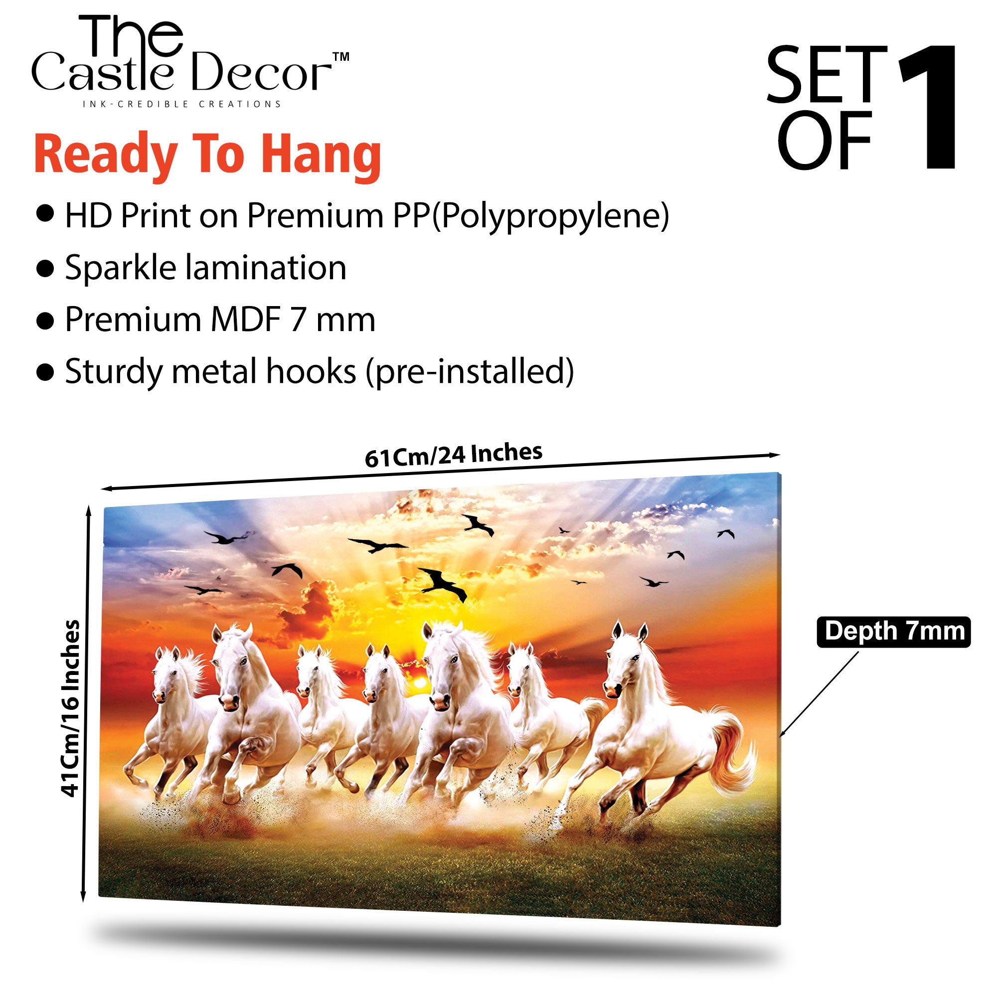 The Castle Decor 7 Running White Horses Wall Painting, Sunrise Sunset Theme, Vastu Wall Art for Living Room, Office, Bedroom Decor 16x24 1003
