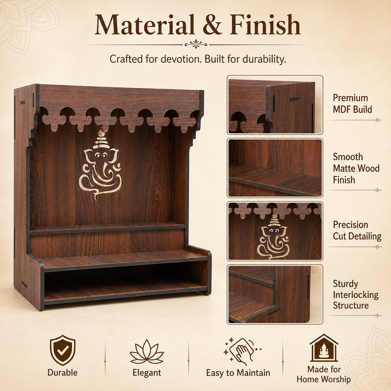 The Castle Decor Wooden Mandir for Home, Wall Hanging & Tabletop Pooja Temple with Ganesha Cutwork, 2-Tier Storage Shelf, Mandir for Pooja Room, Office, Hostel & Apartment, 13 x 15 x 8 Inch