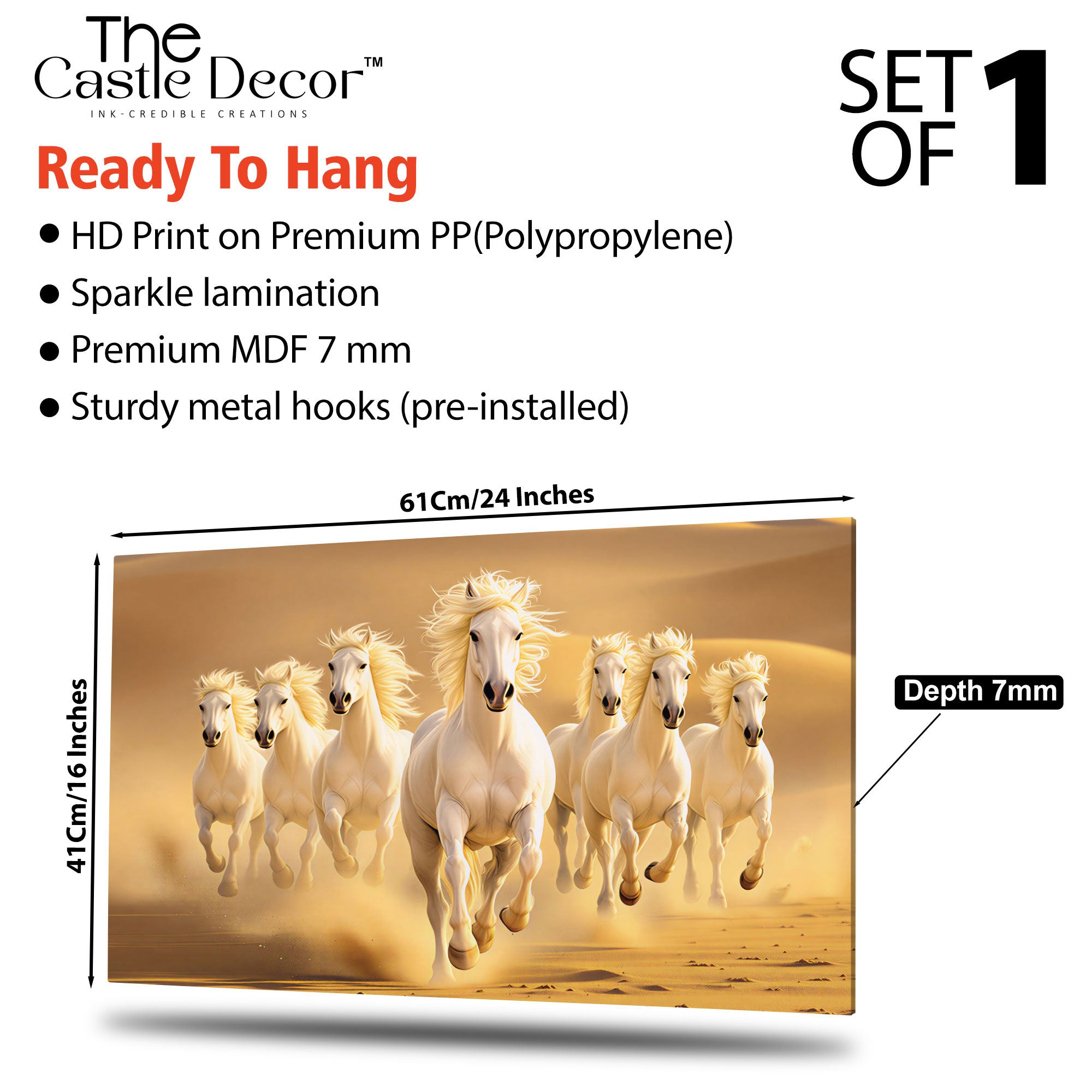 The Castle Decor 7 Running White Horses Wall Painting, Sunrise Sunset Theme, Vastu Wall Art for Living Room, Office, Bedroom Decor 16x24 1004