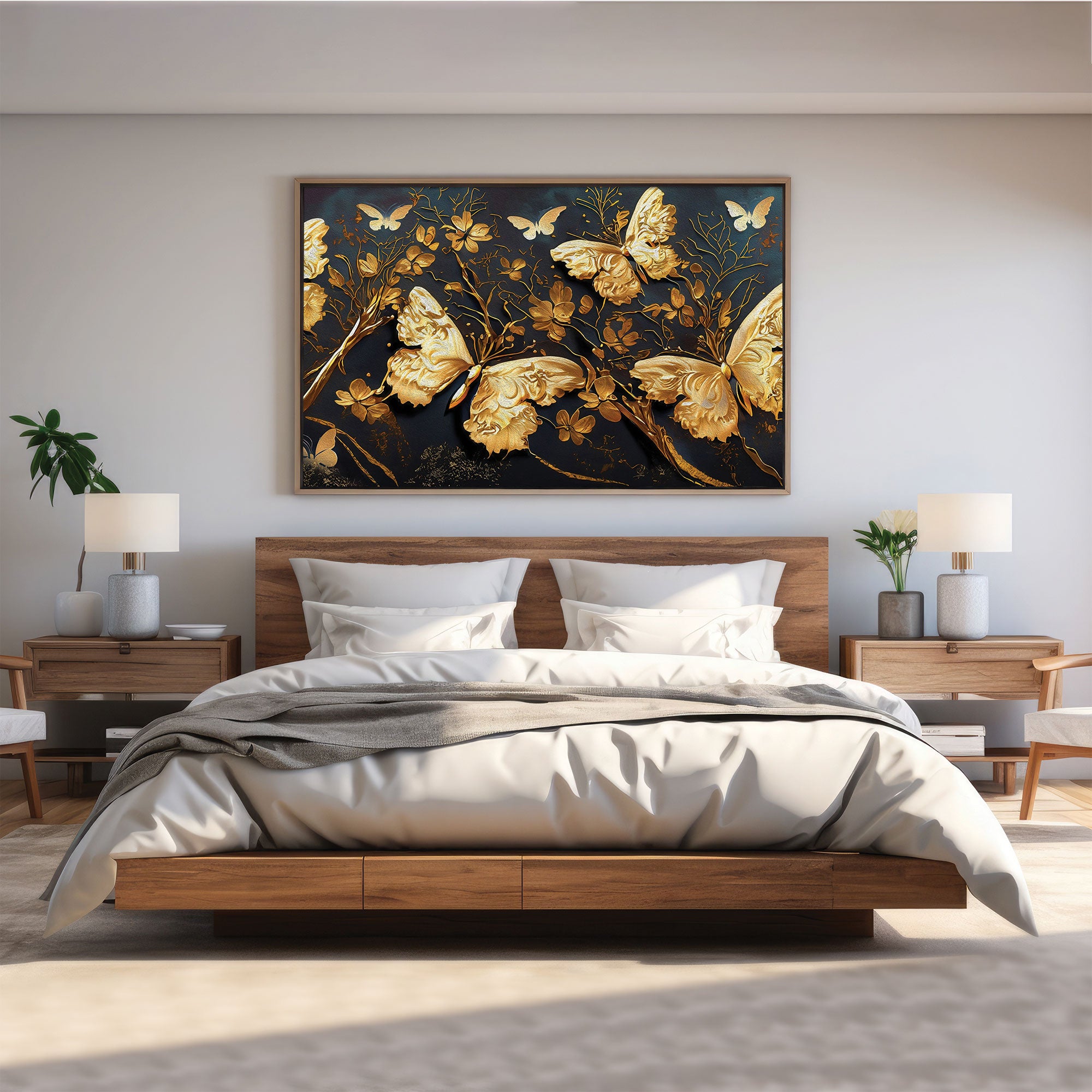 Golden butterflies Canvas painting with frame Big Size Wall Art for living room,Bedroom,Drawing room,Hotels