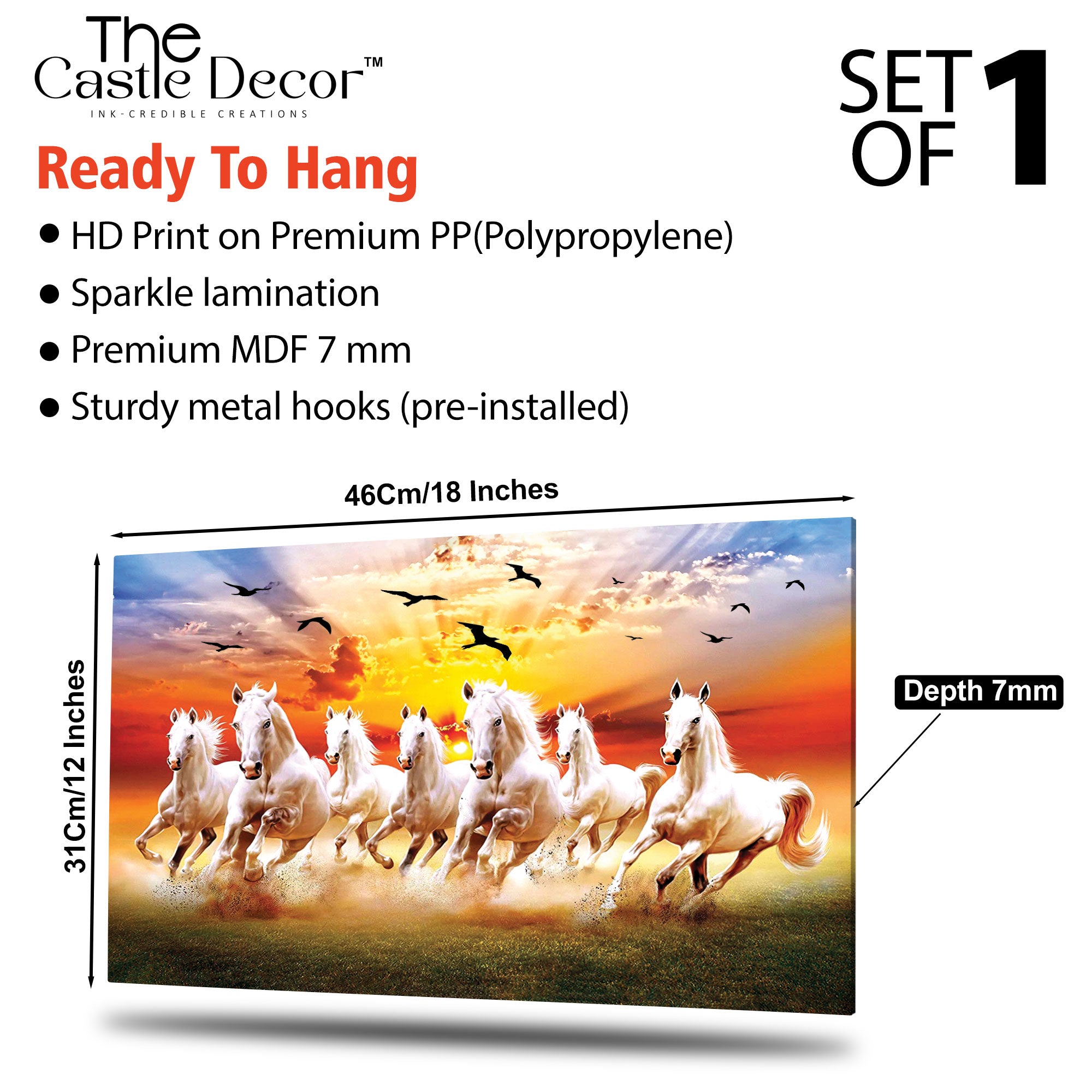 The Castle Decor 7 Running White Horses Wall Painting, Sunrise Sunset Theme, Vastu Wall Art for Living Room, Office, Bedroom Decor 12x18 inch 1003
