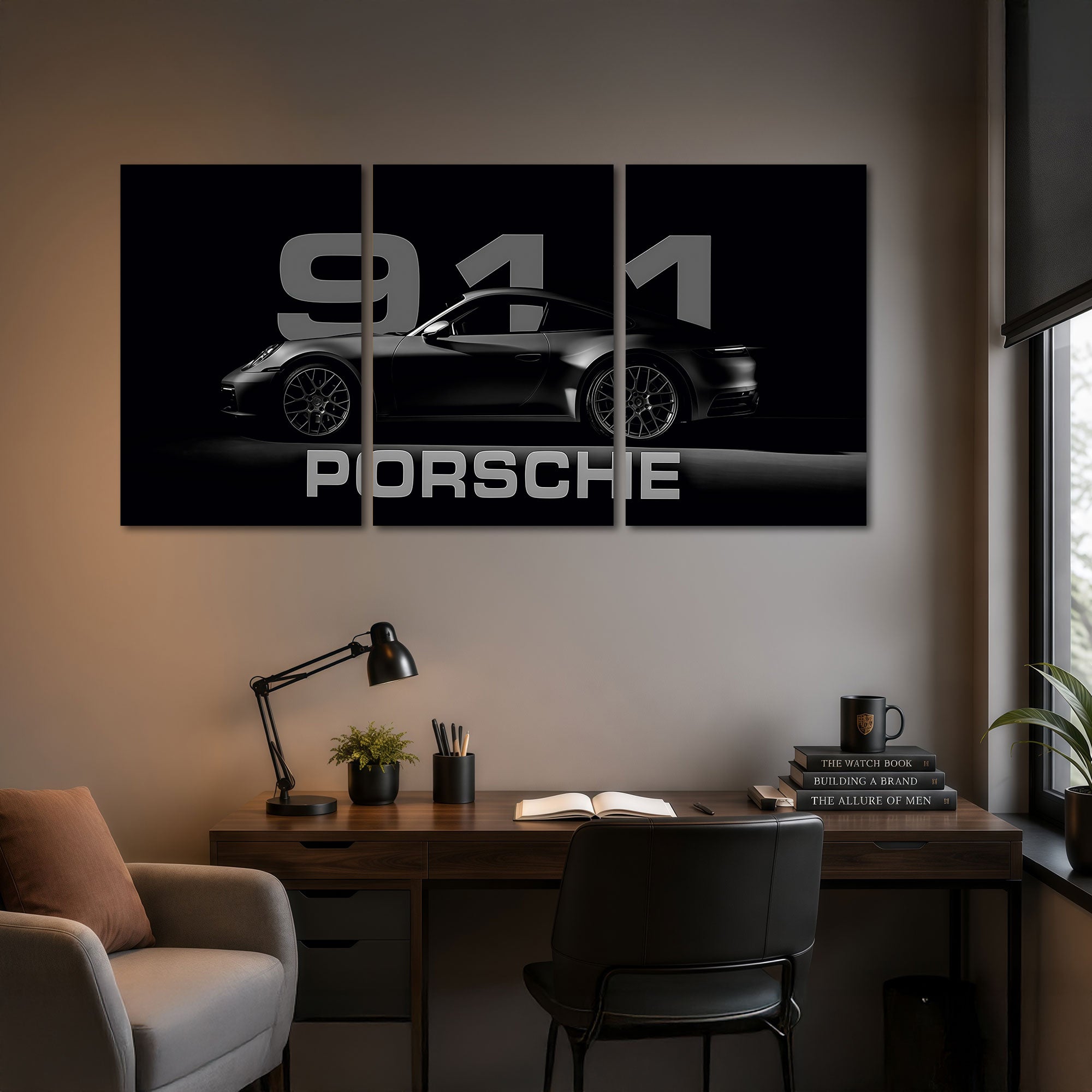 The Castle Decor Porsche 911 Wall Art 3 Panel Painting for Living Room Bedroom Gaming Room Luxury Sports Car Poster Modern Black Car Wall Decor Artwork