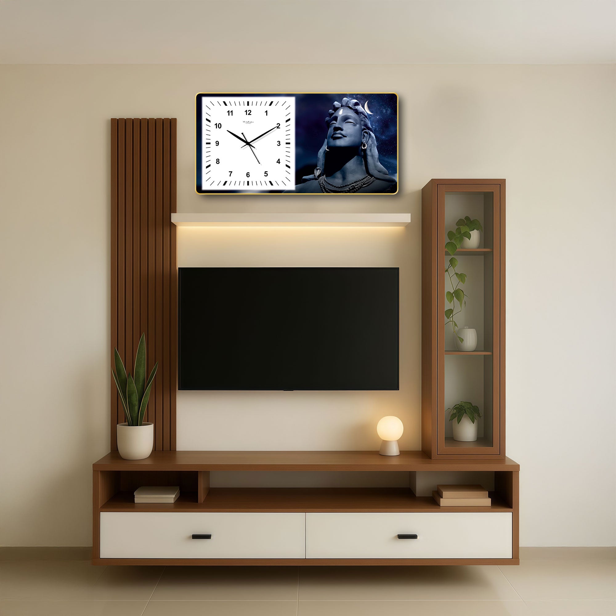 The Castle Decor Adiyogi Shiva Decorative Wall Clock 24x12 Inch, Silent Sweep Non-Ticking Modern Wall Clock with Golden Slim Frame