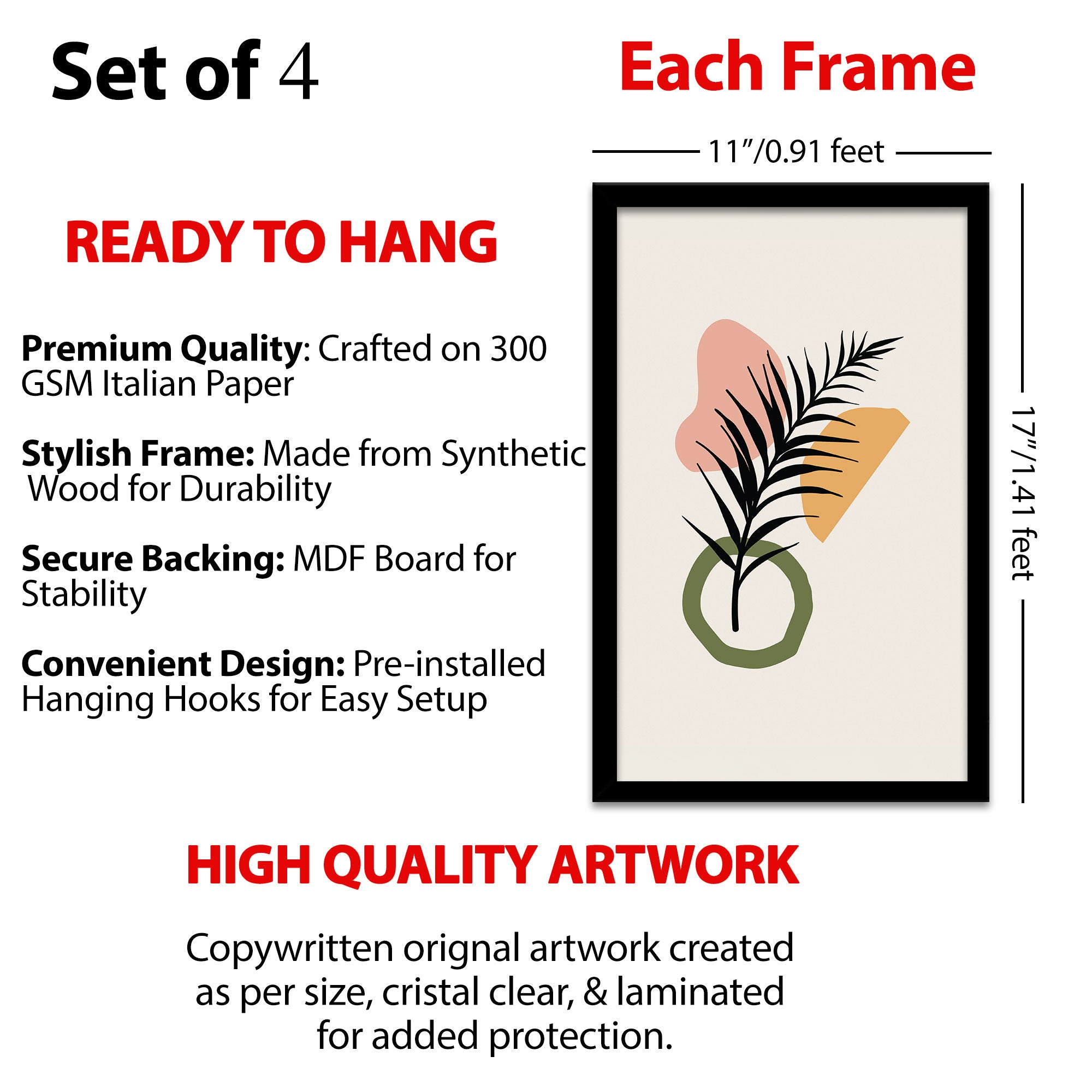 The Castle Decor Boho Wall Art for Living Room Big Size | Framed Abstract Botanical Paintings for Living Room & Bedroom | Modern Home Decoration & Perfect Gifting Option | Set of 4 (11×17 Inch Each)3