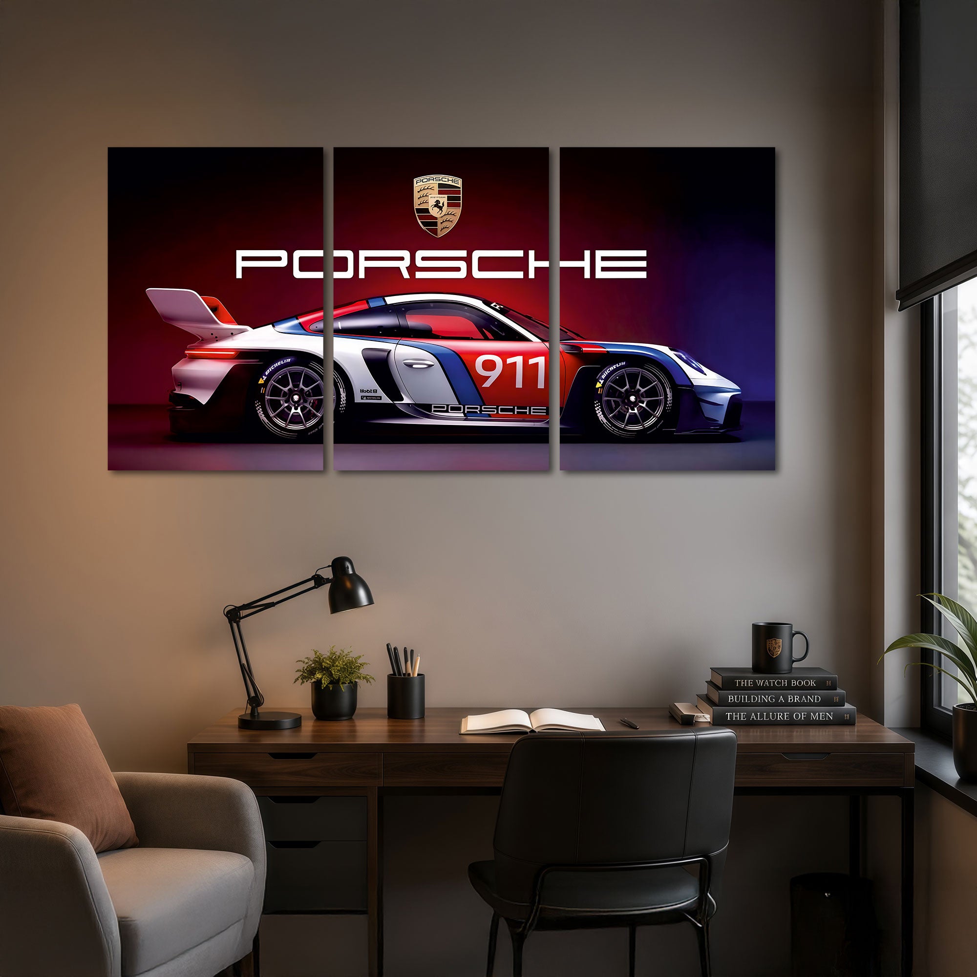 The Castle Decor Porsche Racing Car Wall Art Set of 3 MDF Painting Luxury Sports Car Wall Decor for Men Gamers Bedroom Gaming Room Office Home Decoration