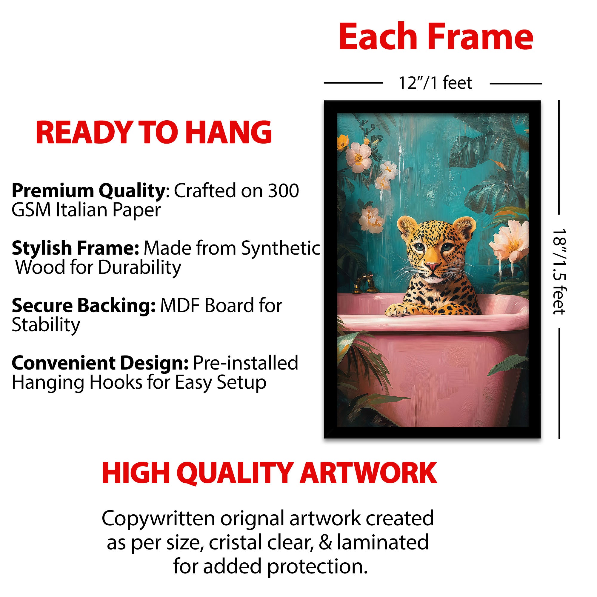 The Castle Decor Cute Leopard in Pink Bathtub Framed Wall Art – Funny Animal Bathroom Decor, Quirky Jungle Wild Cat Framed Poster for Restroom & Powder Room, Humorous Home Decor