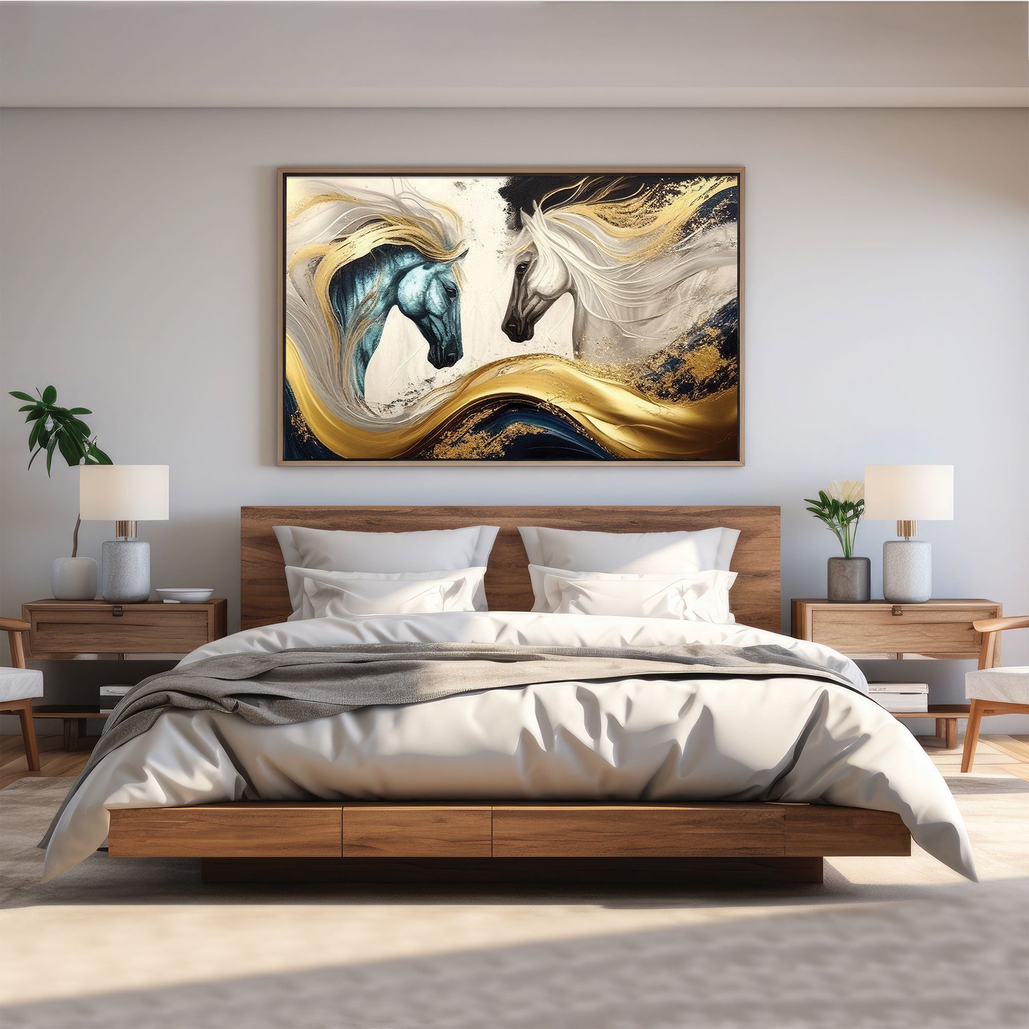 Modern horses Canvas painting with frame Big Size Wall Art for living room,Bedroom,Drawing room,Hotels-Wooden FramedDigital Painting