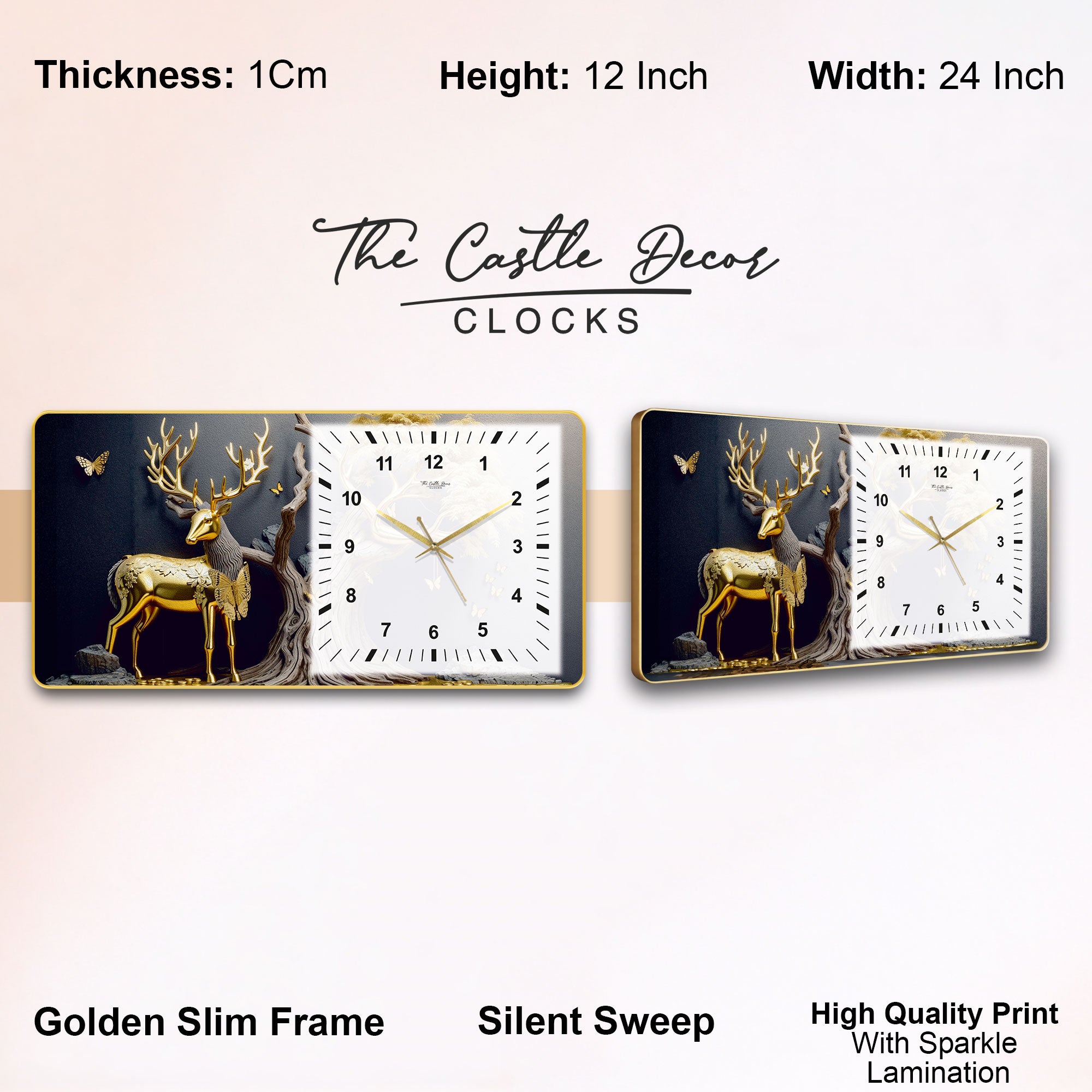The Castle Decor Golden Deer Decorative Wall Clock 24x12 Inch, Silent Sweep Non-Ticking Modern Wall Clock with Golden Slim Frame