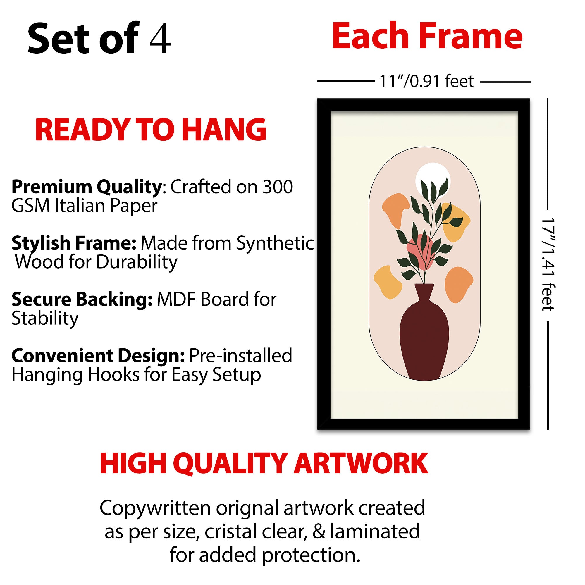 The Castle Decor Boho Wall Art for Living Room Big Size | Framed Abstract Botanical Paintings for Living Room & Bedroom | Modern Home Decoration & Perfect Gifting Option | Set of 4 (11×17 Inch Each)6