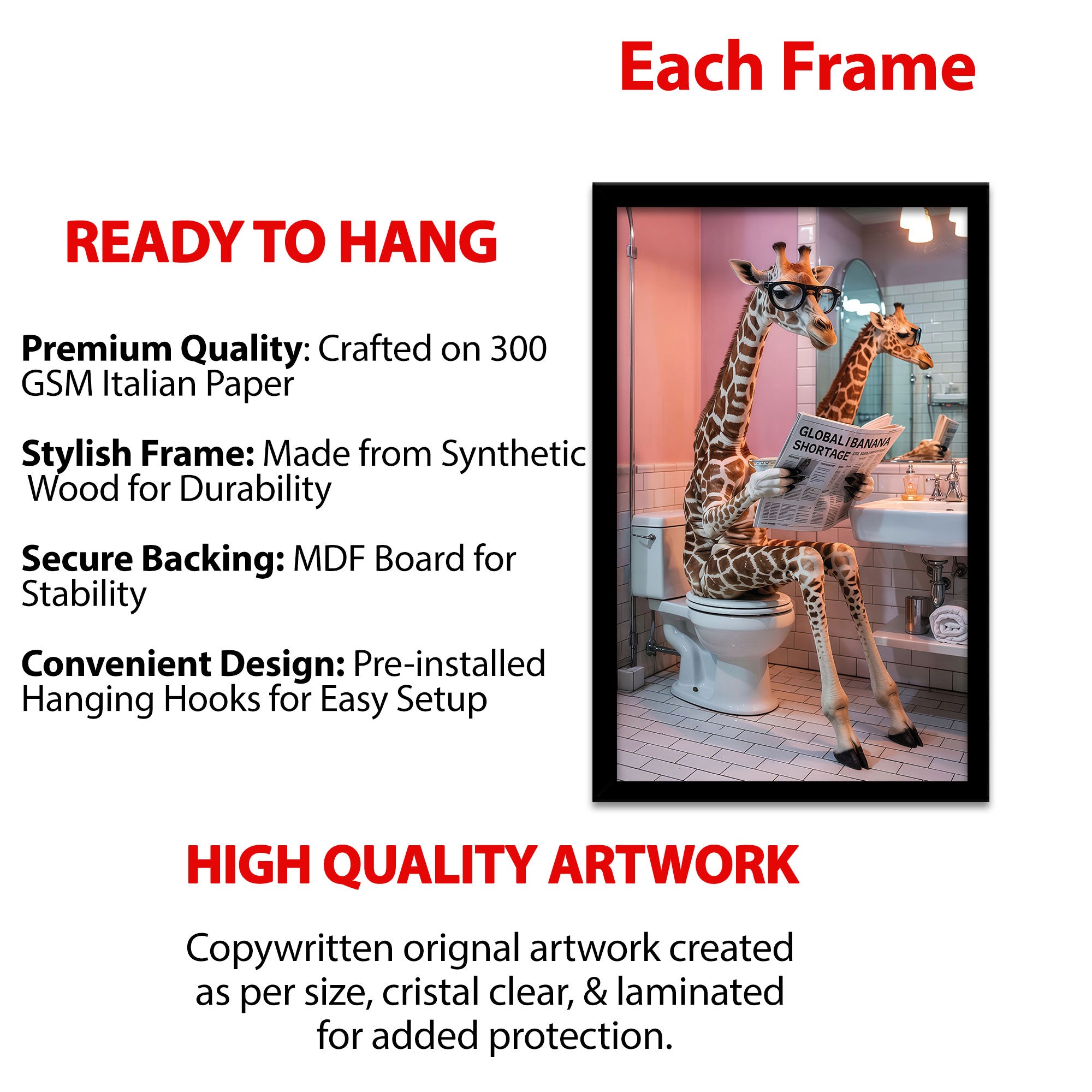 The Castle Decor Quirky Giraffe on Toilet Reading Newspaper Framed Wall Art – Funny Safari Animal in Pink Bathroom Framed Poster, Modern Humorous Restroom Wall Decor