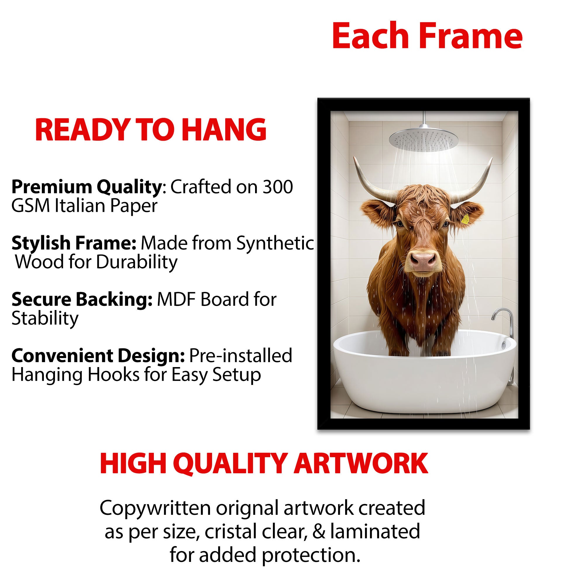 The Castle Decor Funny Highland Cow taking a Shower Framed Wall Art – Cute Fluffy Bull in Bathtub under Shower Head Framed Poster, Rustic Farmhouse Bathroom Decor