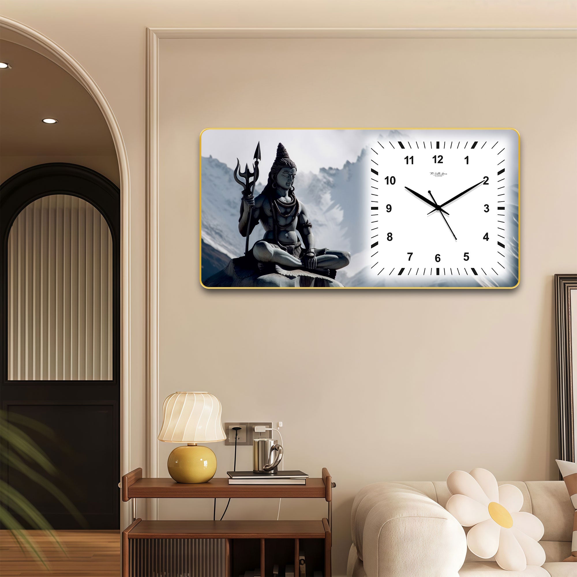 The Castle Decor Lord Shiva Meditation Decorative Wall Clock 24x12 Inch, Silent Sweep Non-Ticking Modern Wall Clock with Golden Slim Frame
