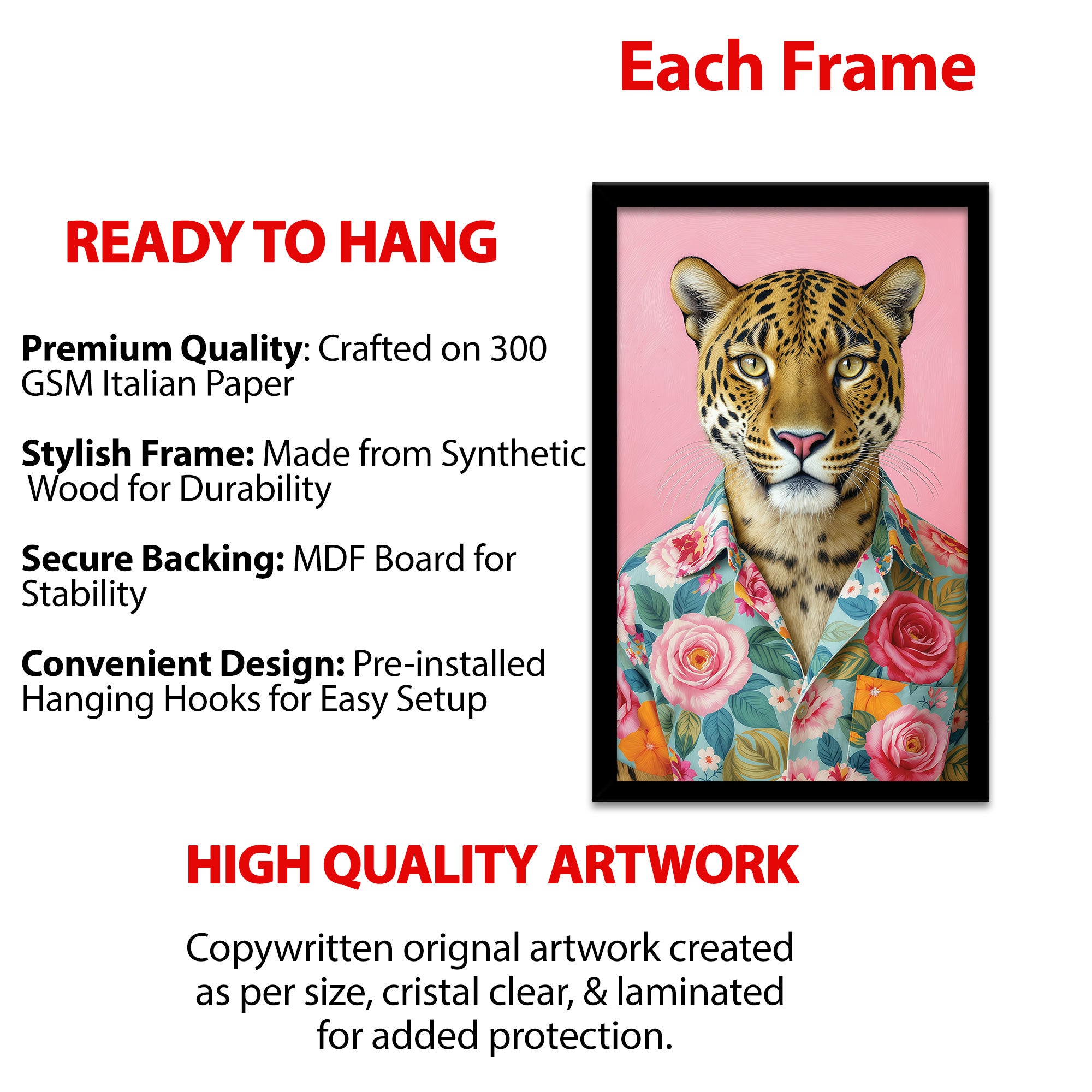 The Castle Decor Stylish Leopard in Floral Hawaiian Shirt Framed Wall Art – Cool Jungle Wild Cat Portrait Framed Poster, Vibrant Pink Bathroom & Living Room Wall Decor
