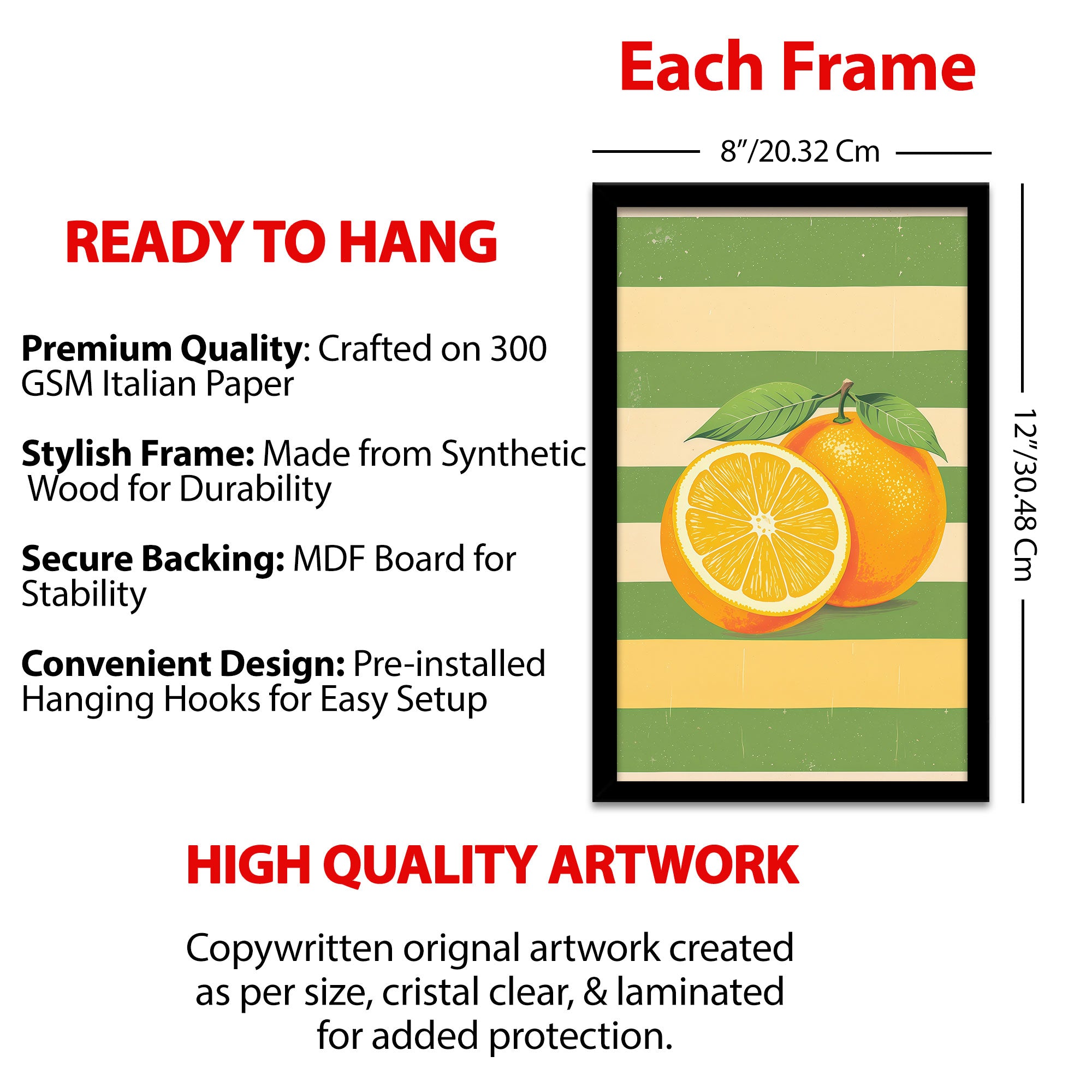 The Castle Decor Orange Fruit Kitchen Wall Art Set of 3 Frame | Citrus Wall Decor | Sparkle Lamination Finish with Premium Fiber Frame for Dining & Kitchen